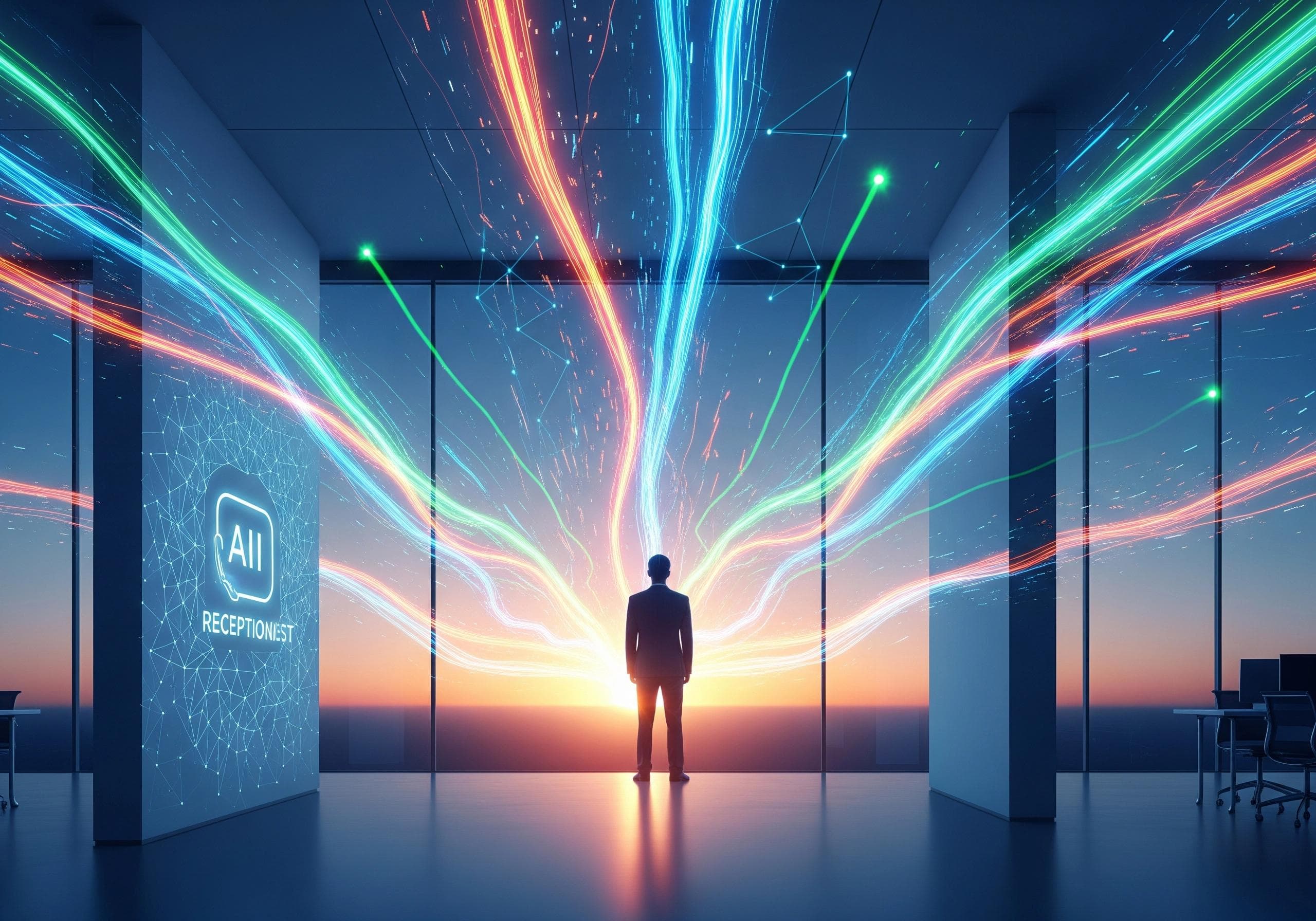 AI receptionist concept: Man stands before a screen with 'AI Receptionist' text.