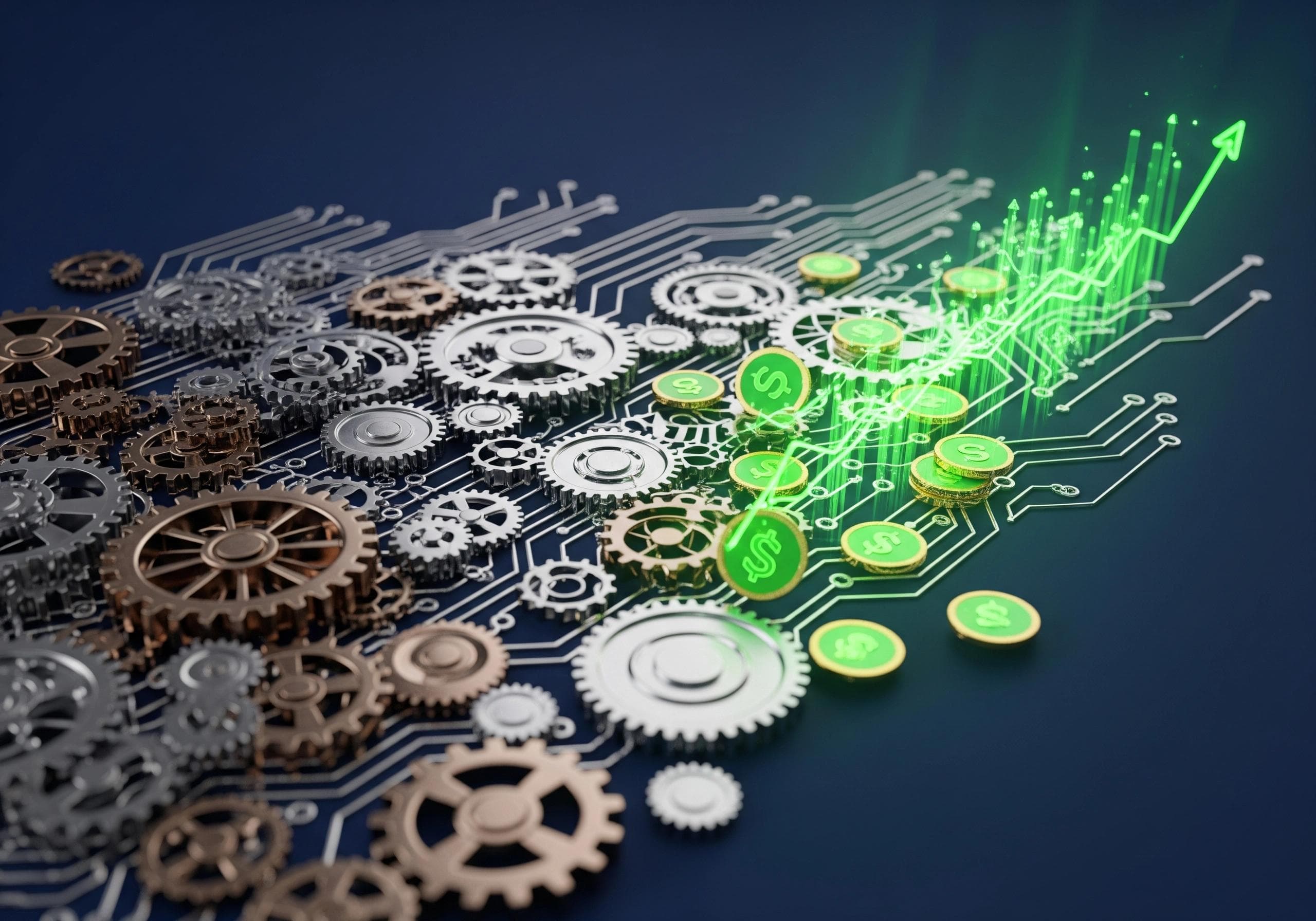Gears and rising graph with dollar signs, representing improved business operations and profits.