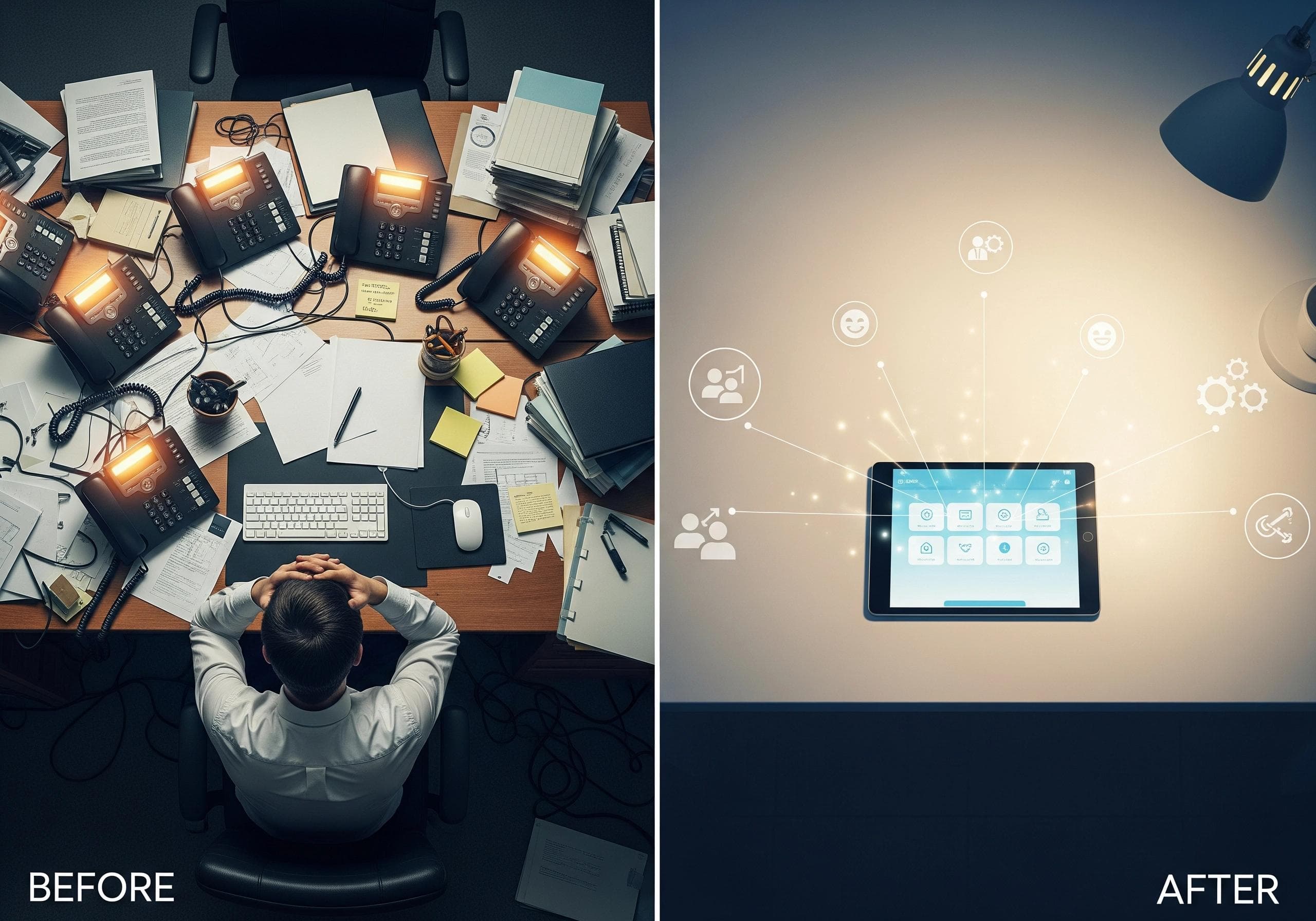 Before and after: Cluttered desk with phones, then tablet showing AI communication icons.