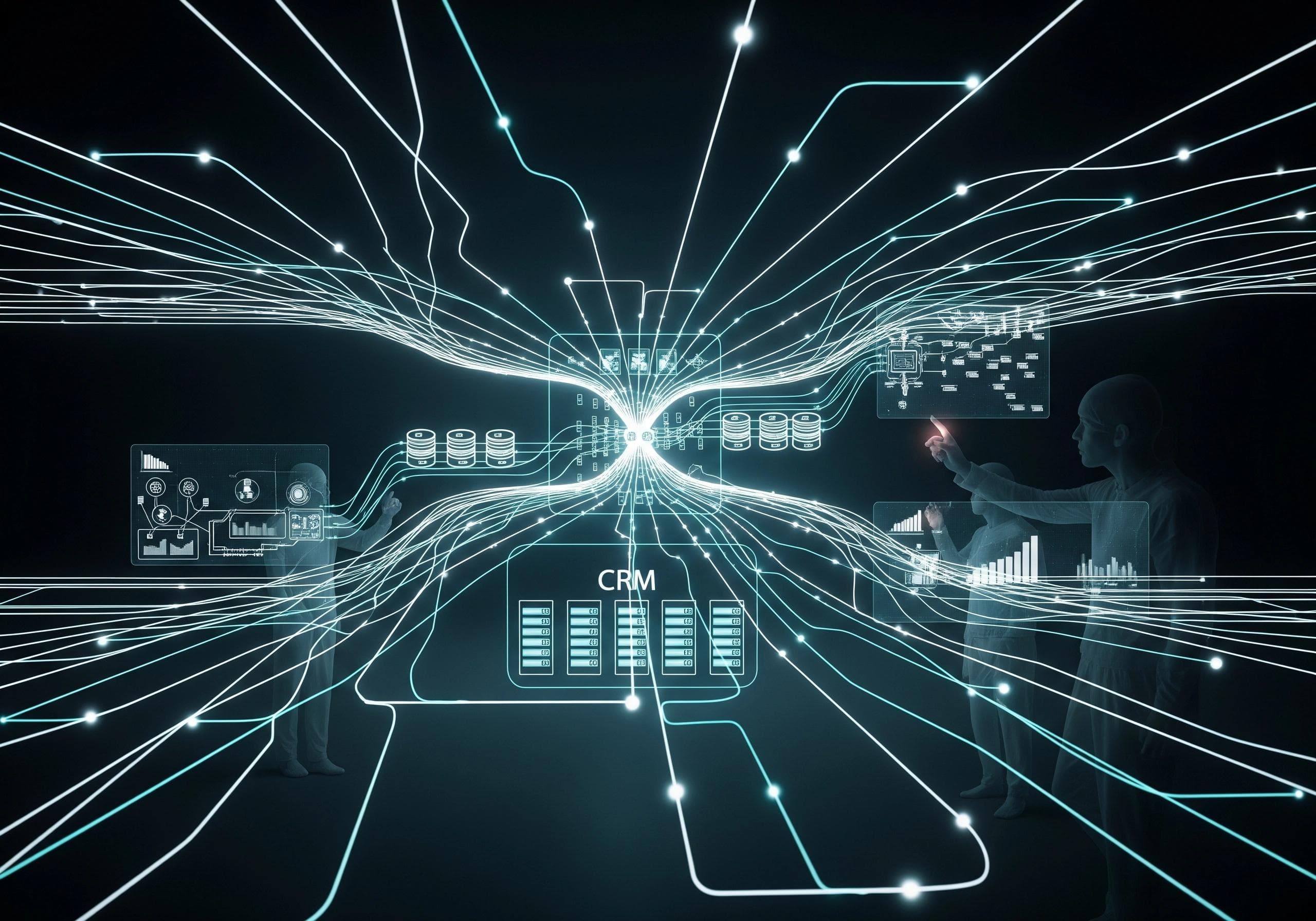 AI voice agent network showing CRM data flow and virtual assistant interactions.