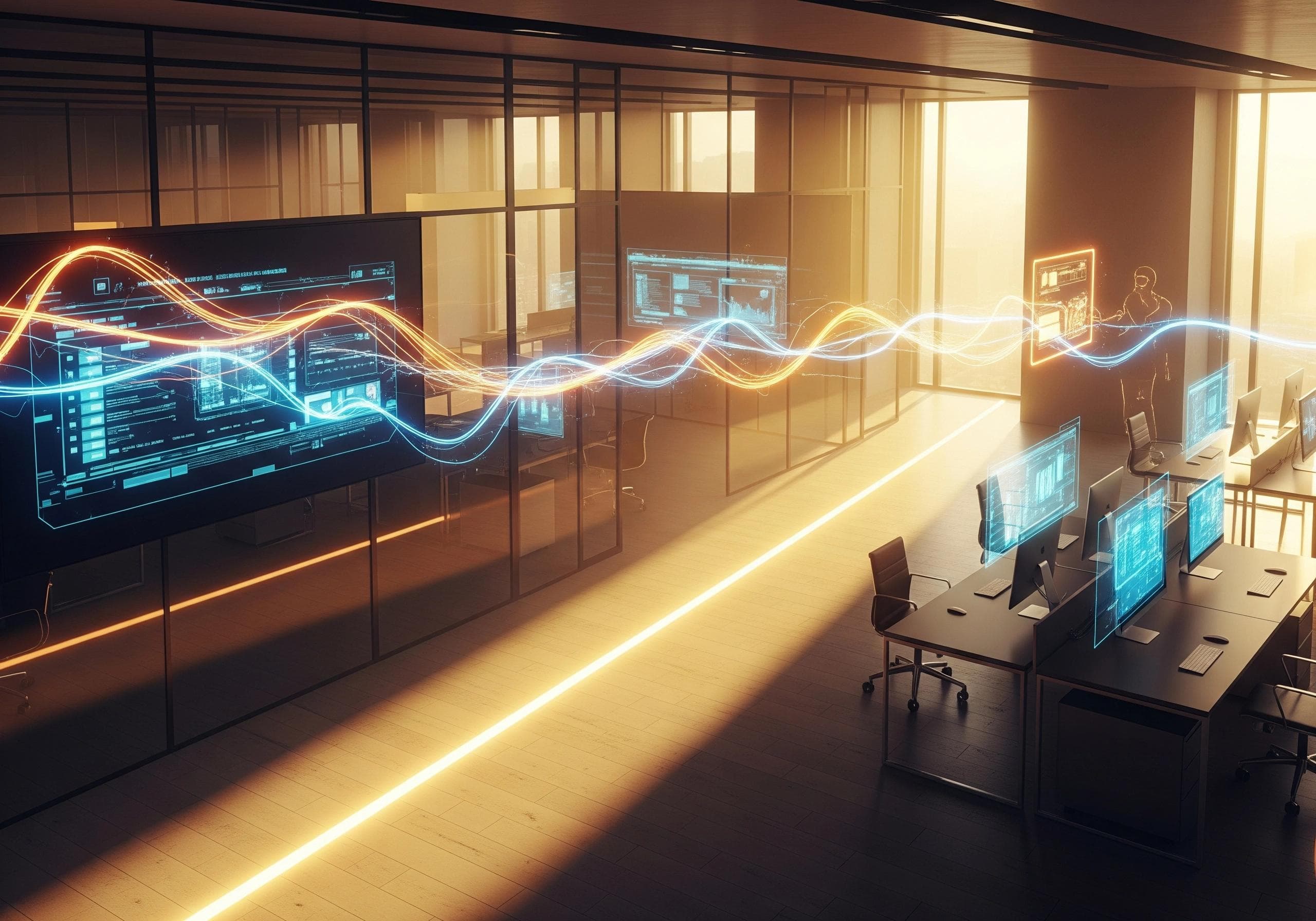 Futuristic office filled with AI-powered workstations, enhanced for business efficiency.