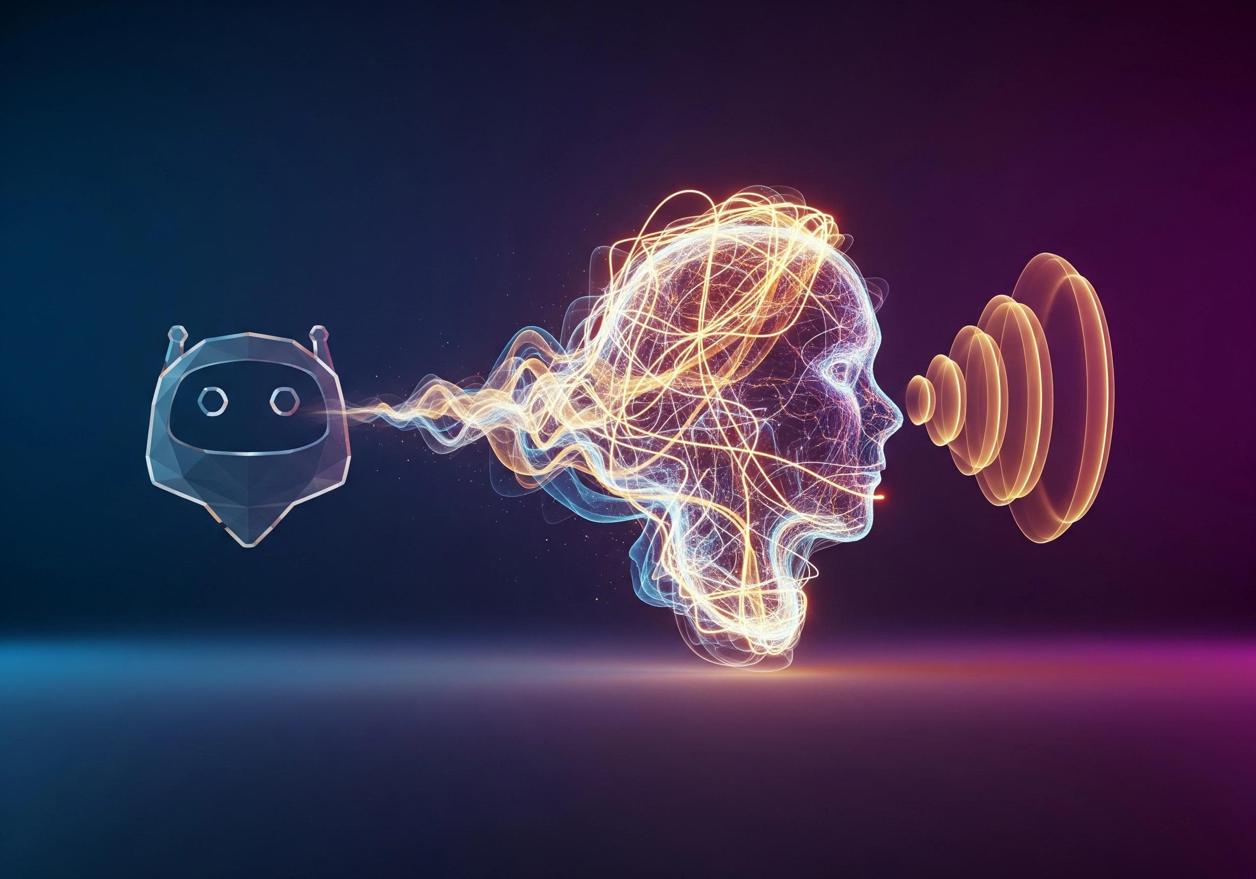 Abstract AI voice agent connecting a robot head to a human head with energy.