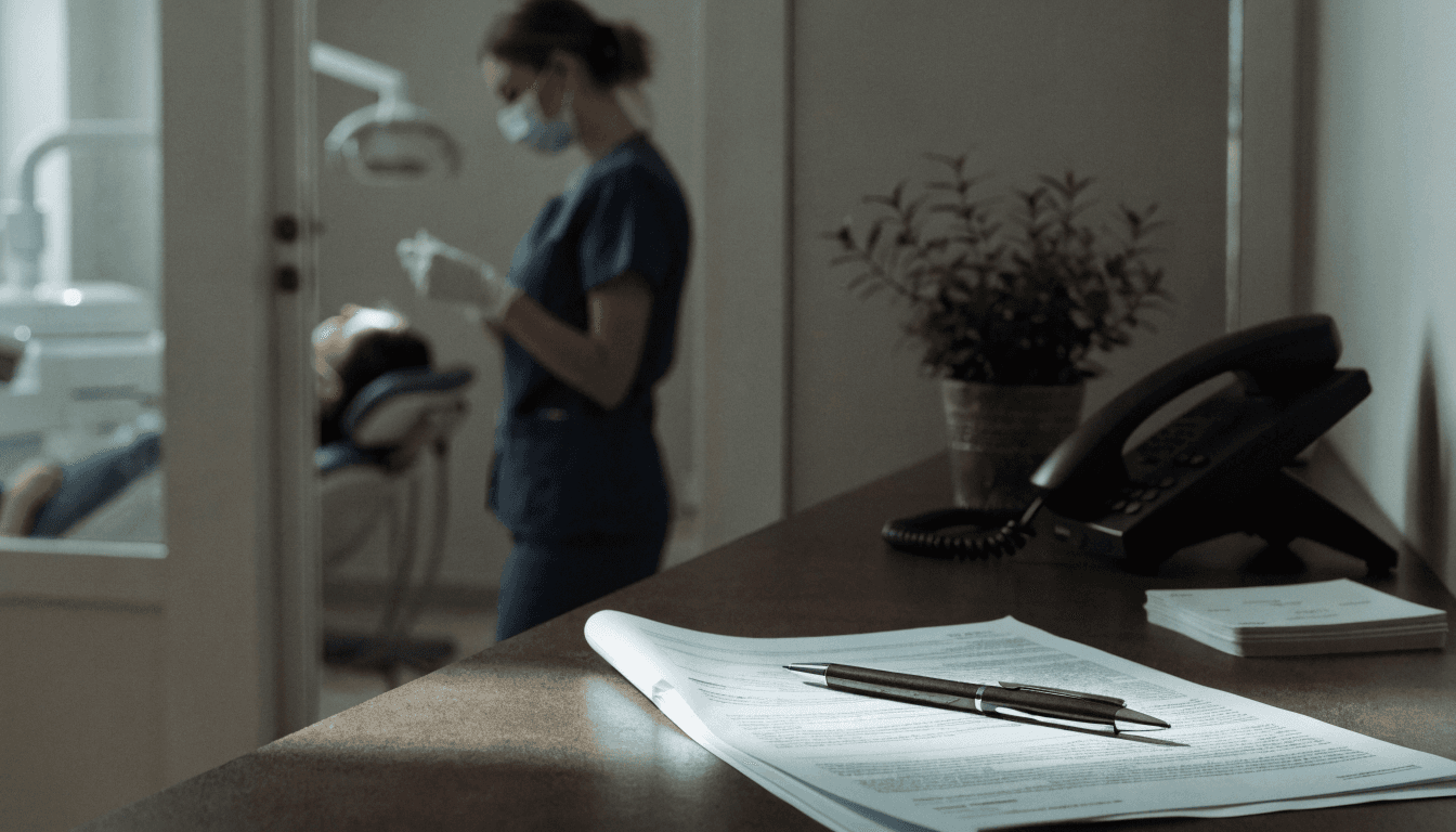 A printed contract with a pen across it on a dental reception counter, a phone handset off its cradle beside it, a hygienist blurred in the doorway behind