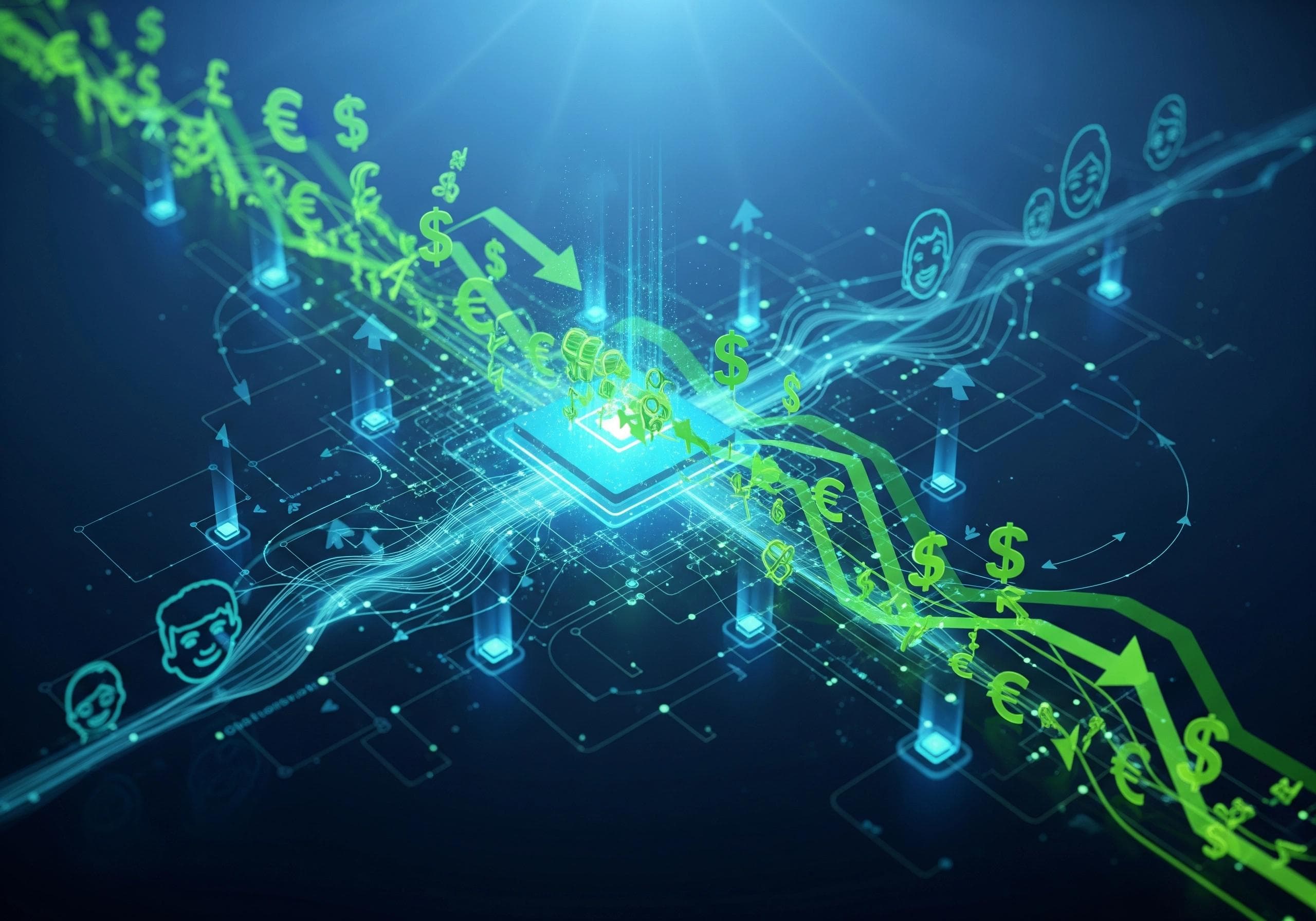 Abstract depiction of AI phone receptionist processing payments and customer interactions.