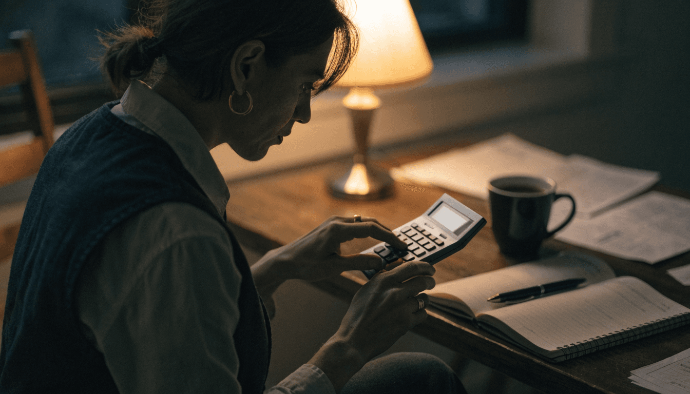 A small business owner working through cost figures on a calculator at an evening desk