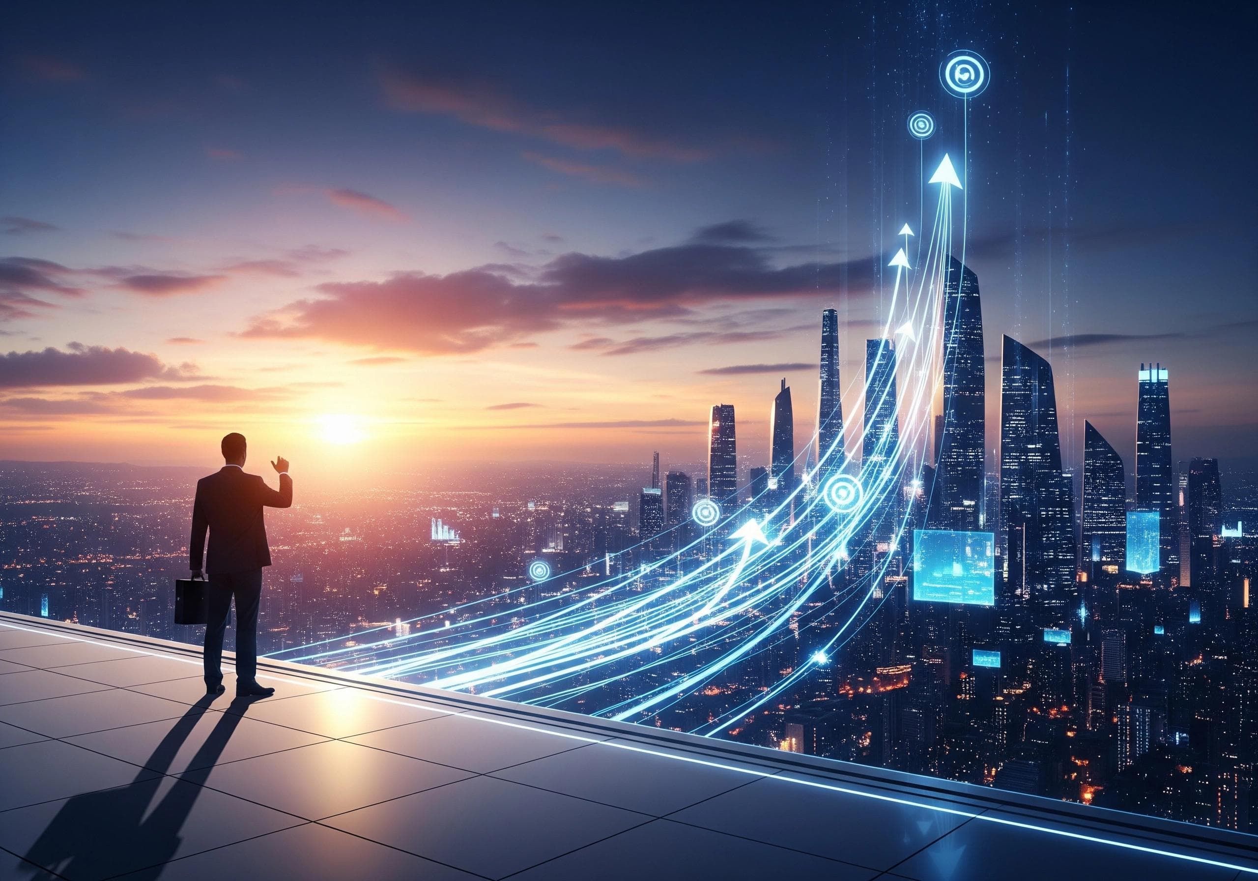 Man overlooking city skyline with rising data streams, symbolizing AI-driven business growth.