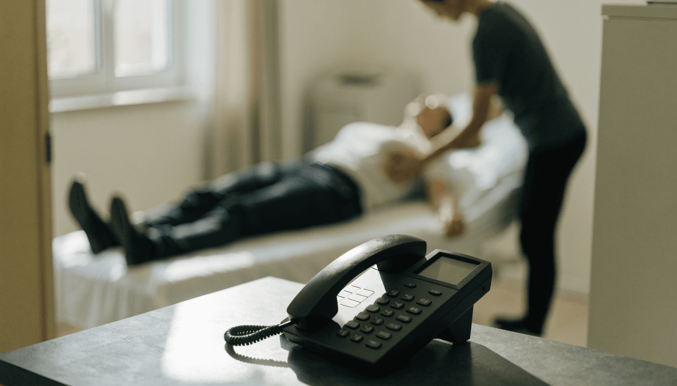 An unanswered phone at a physiotherapy clinic reception desk while a physiotherapist works with a patient