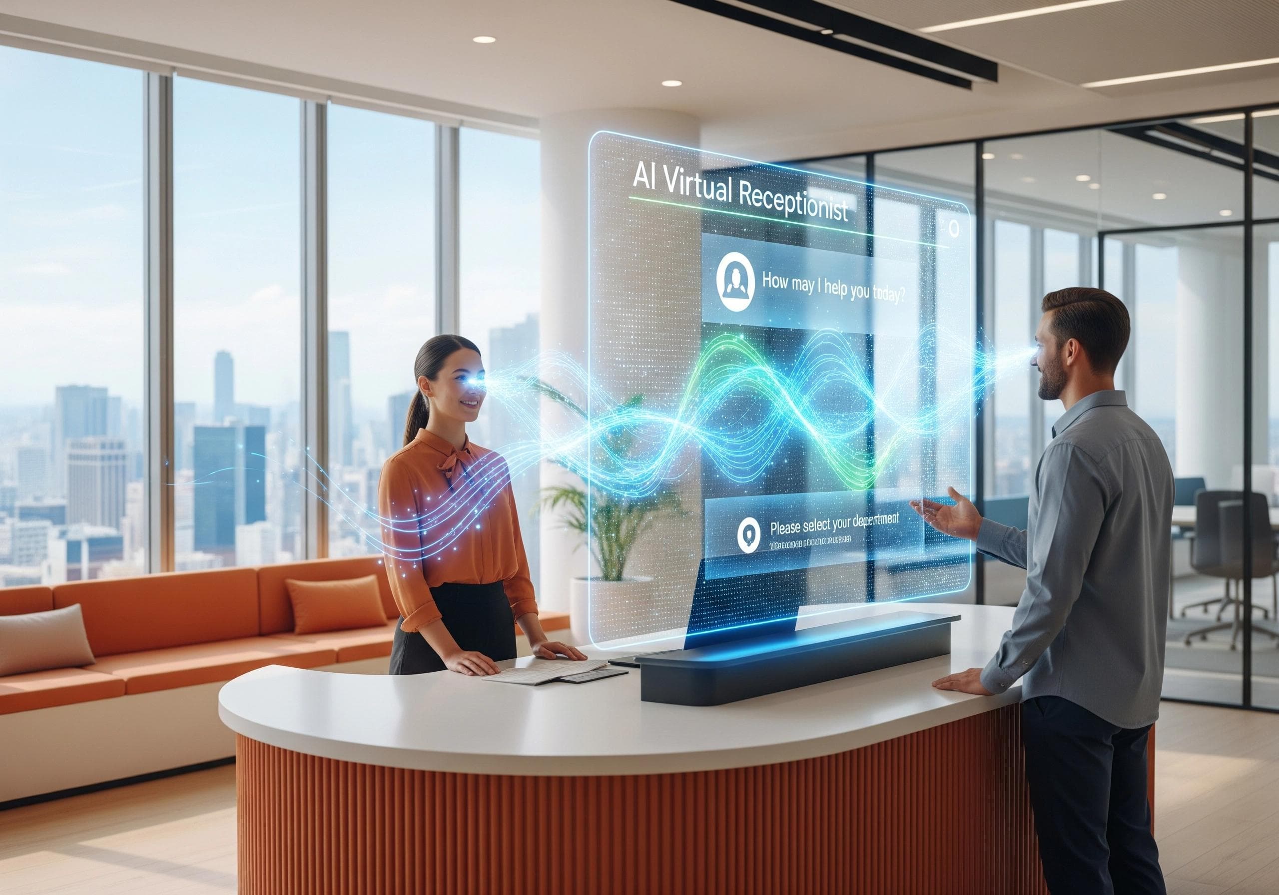 Two people interacting with an AI virtual receptionist interface in a modern office.