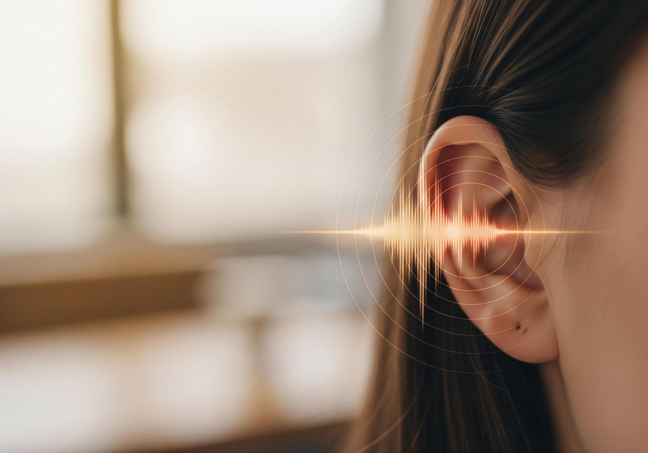 Close-up of a woman's ear with sound waves, depicting listening.