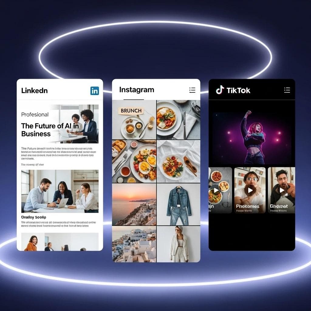Screenshots of LinkedIn, Instagram, and TikTok apps showcasing AI in business.