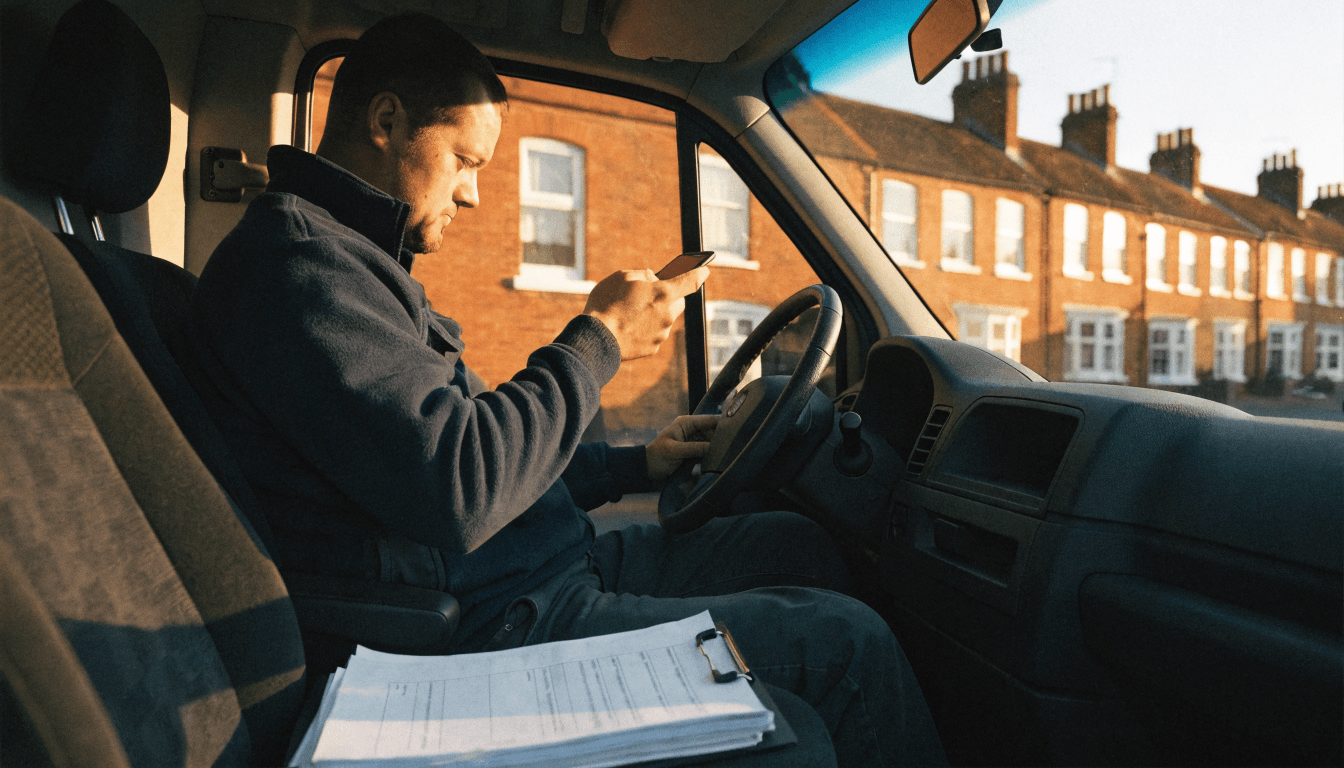A heating engineer sits in the driver's seat of a parked work van outside British terraced houses, looking at his phone with a clipboard of paperwork on the passenger seat