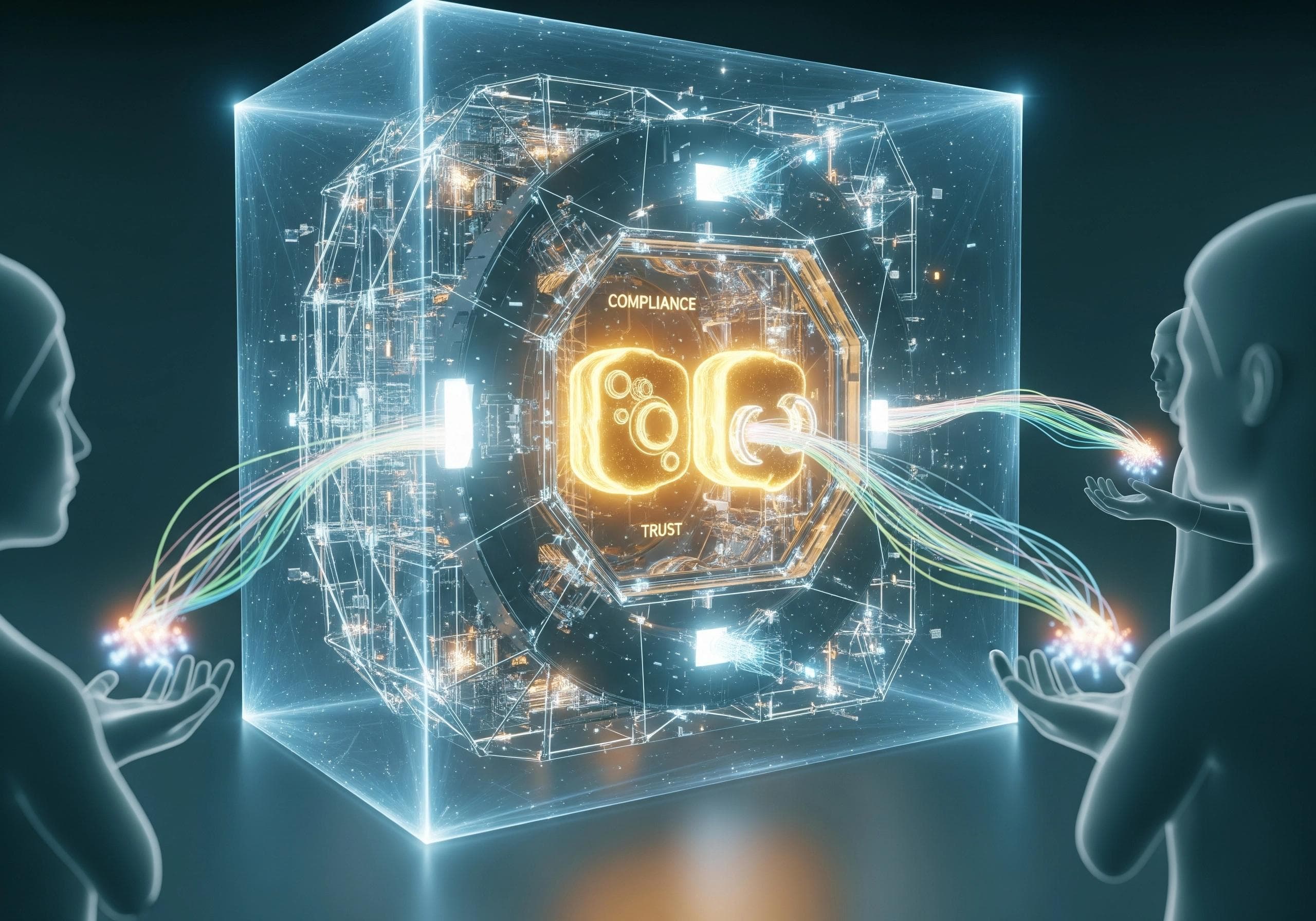 Abstract cube with 'Compliance' and 'Trust' text, connected to figures via light streams, representing AI automation.