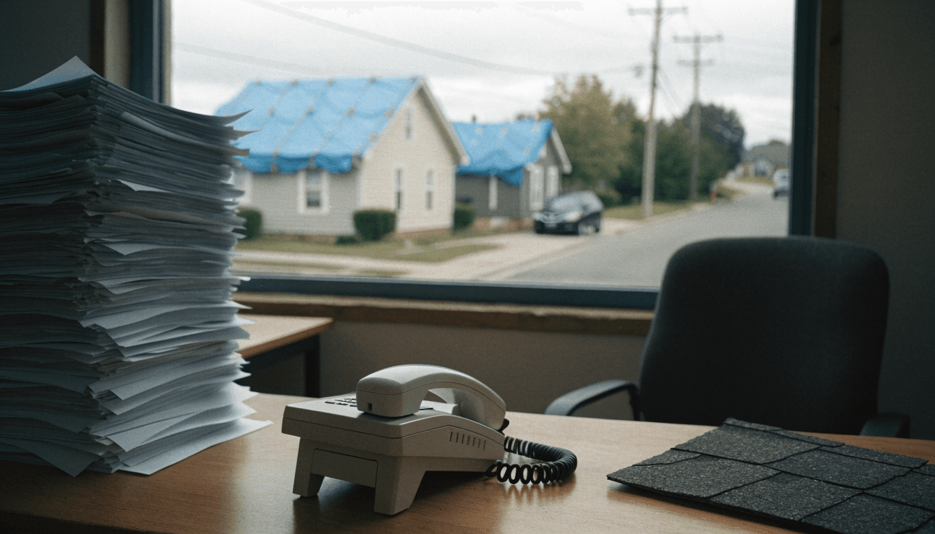 A corded desk phone on a cluttered roofing contractor's desk beside a stack of insurance paperwork and a cracked shingle sample, with tarped roofs visible through the window behind the empty chair.