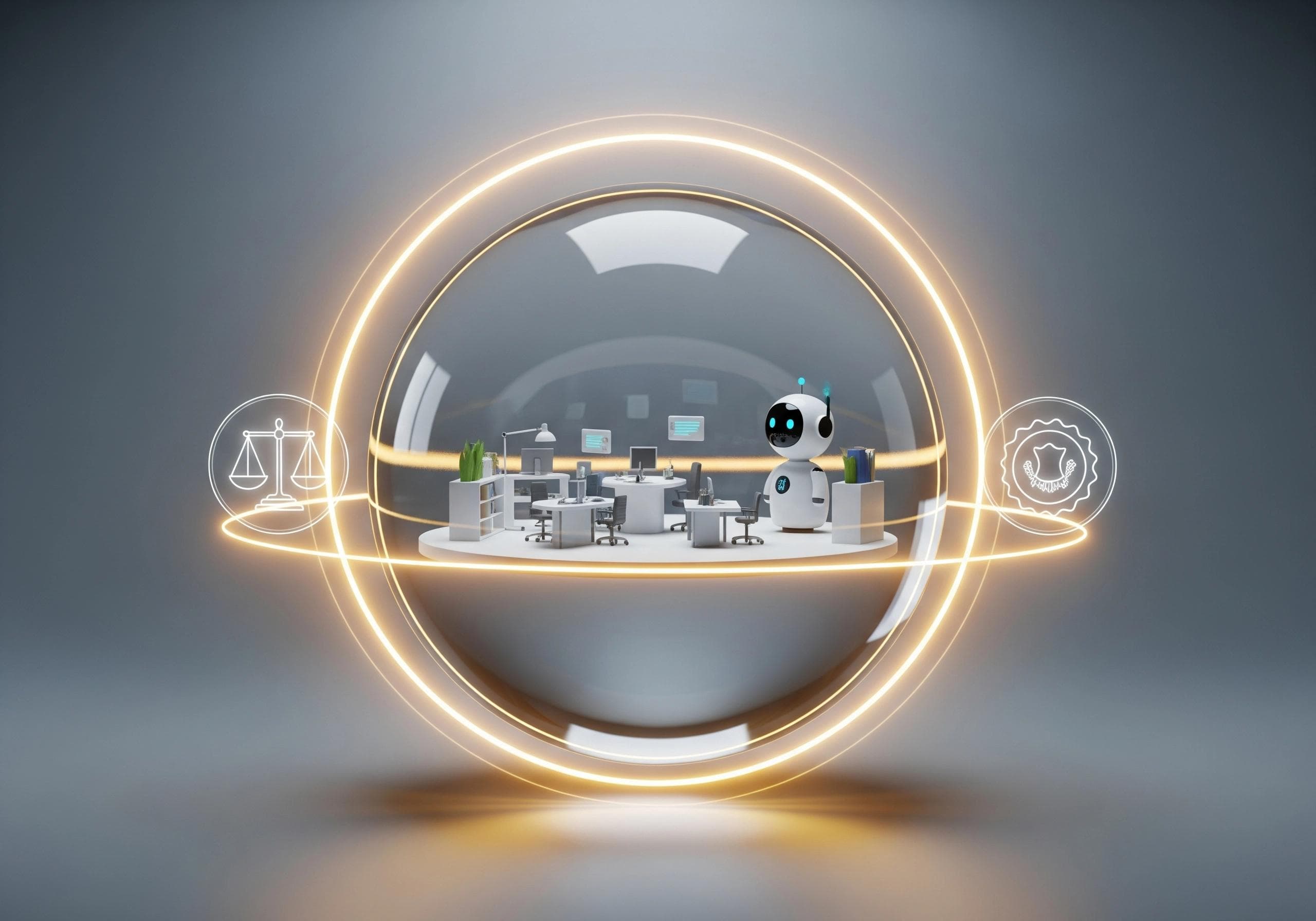 AI receptionist robot in a bubble over front office, representing automation.