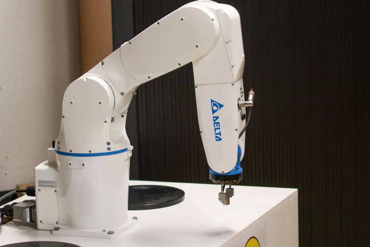 White industrial robotic arm. Could represent automated call handling or AI caller technology.