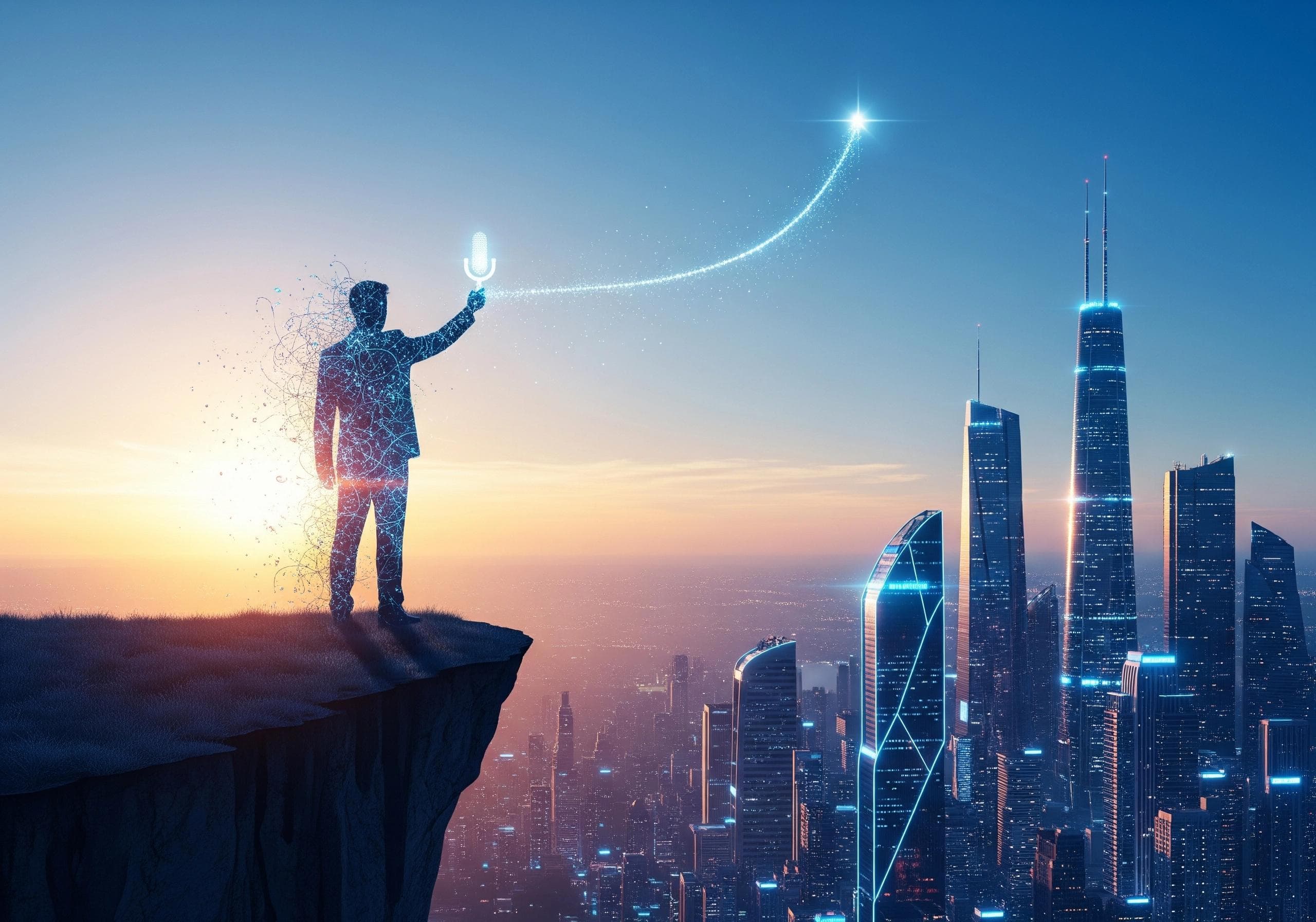 Silhouette of man with microphone on cliff overlooking futuristic cityscape.