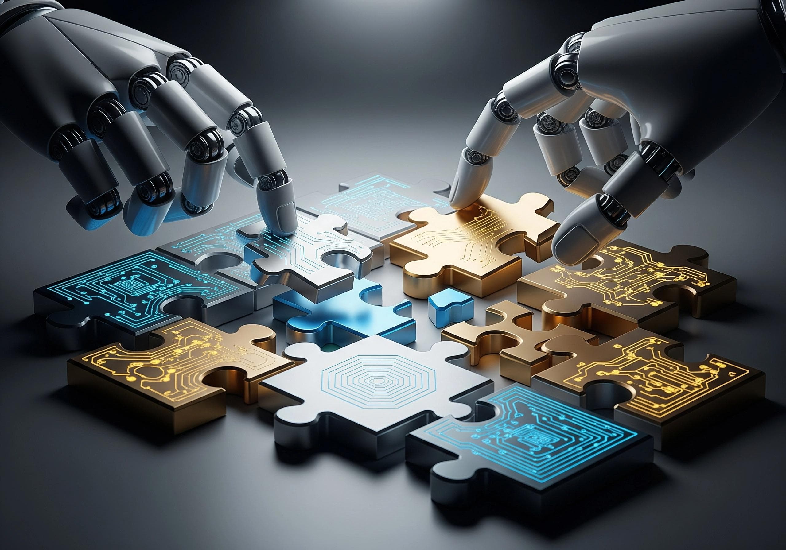 Robot hands assembling puzzle pieces with circuit board patterns for AI business technology.