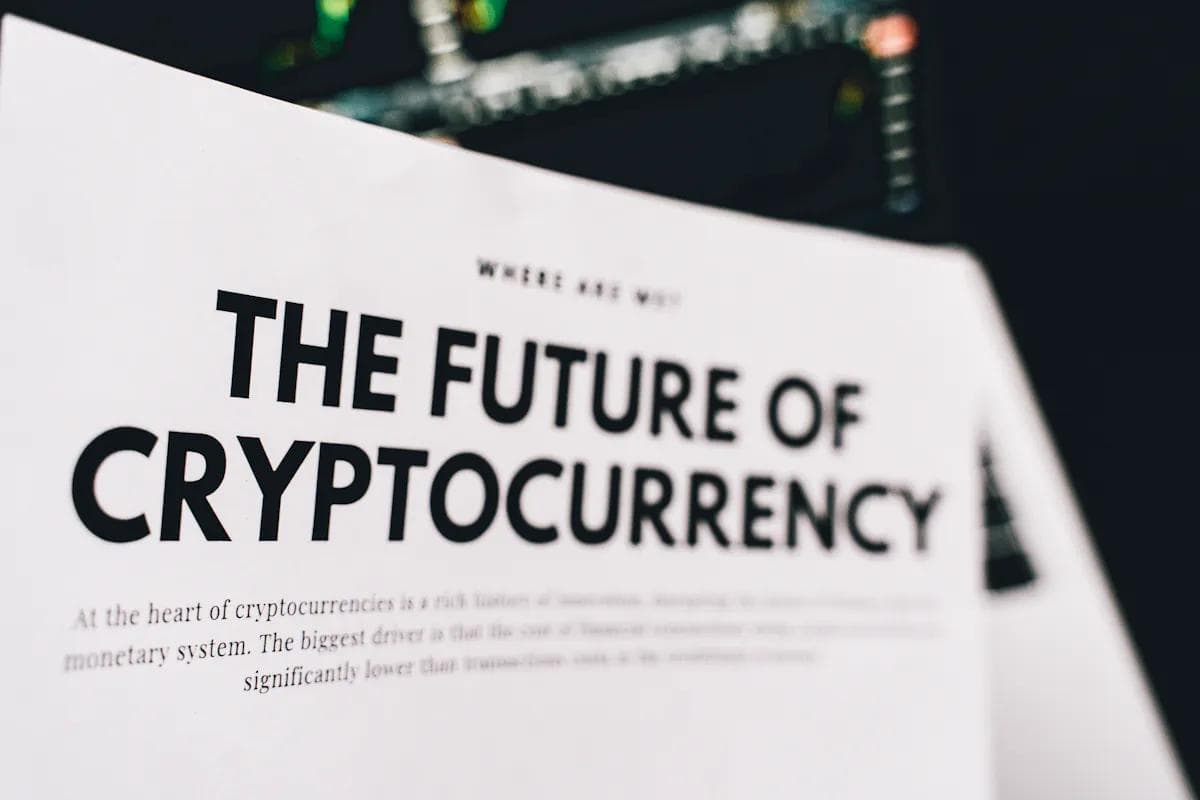 Close-up of newspaper headline reading, 'The Future of Cryptocurrency'