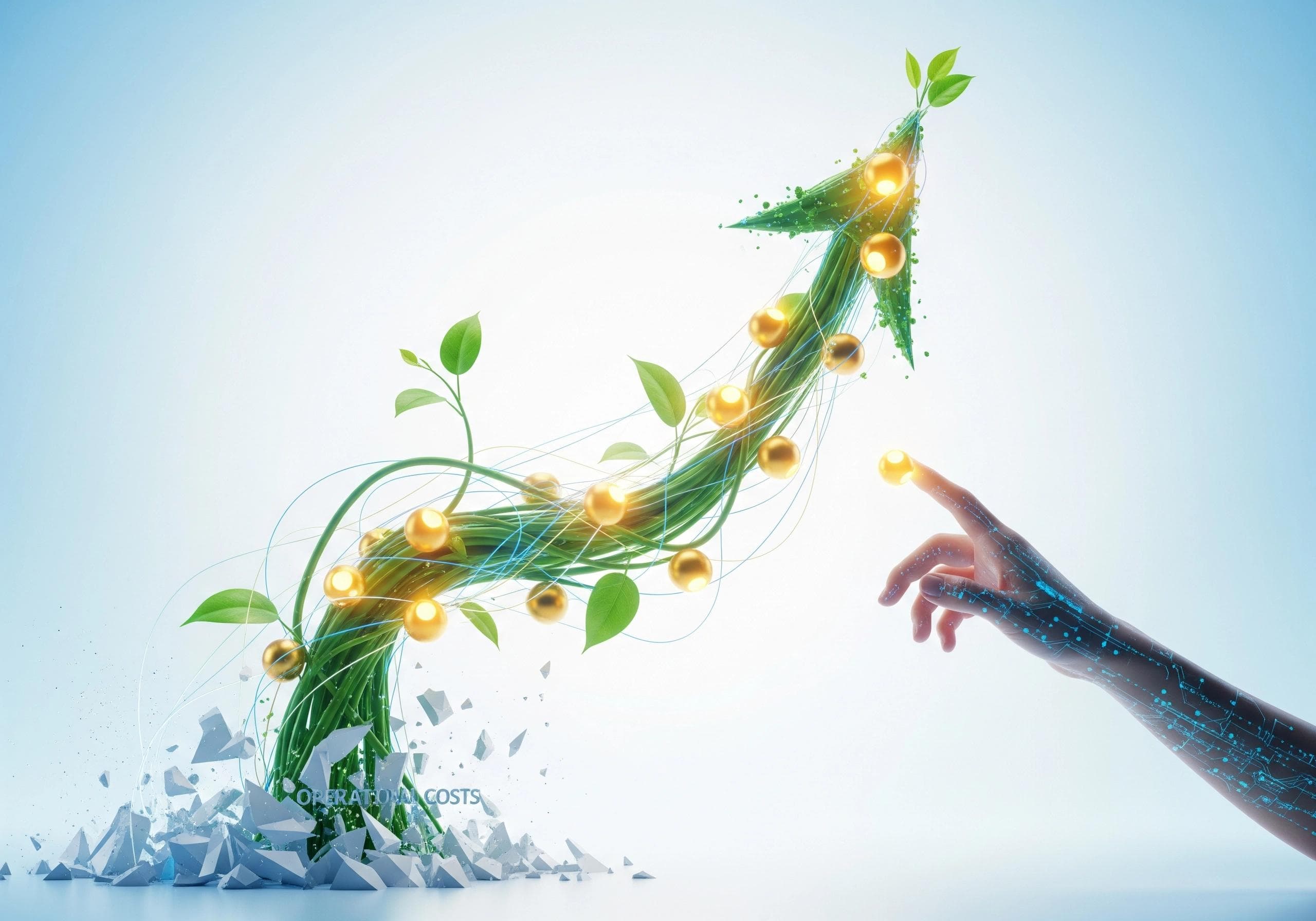 Green upward arrow with leaves, showing reduced operational costs with AI.