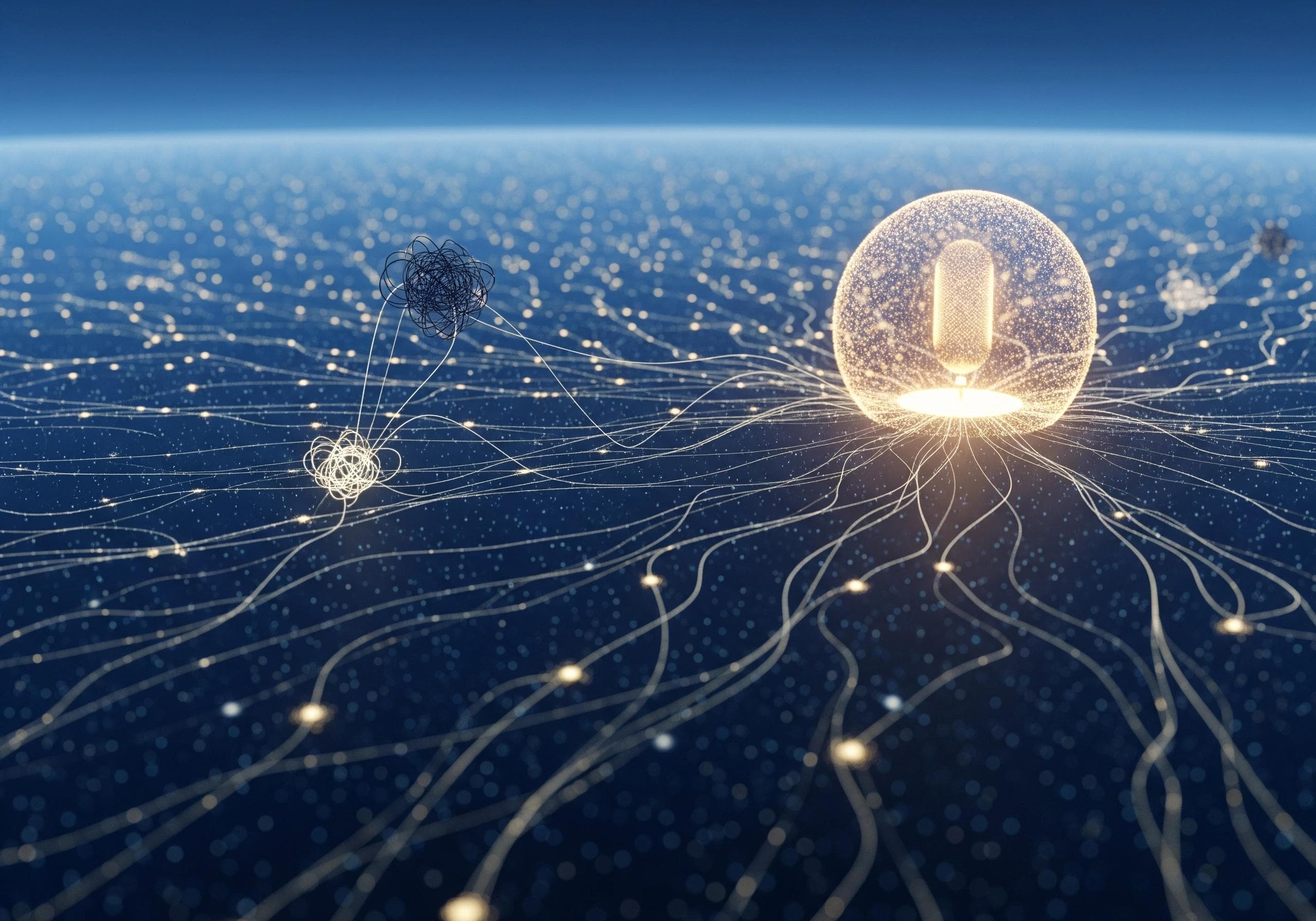 Glowing microphone inside sphere amidst a network, symbolizing AI voice agent technology.