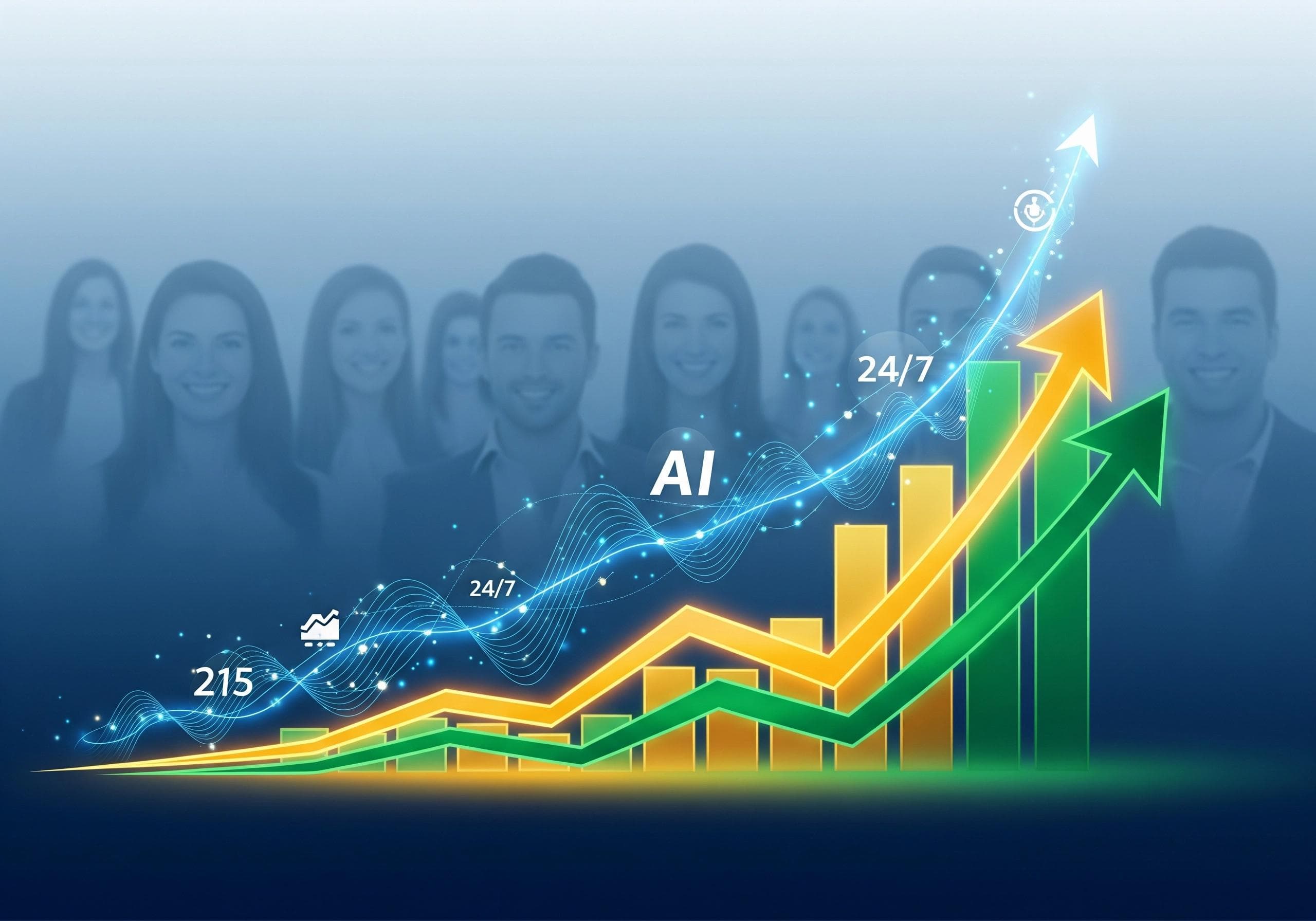 AI virtual receptionist boosting business efficiency, shown with upward trending graph.