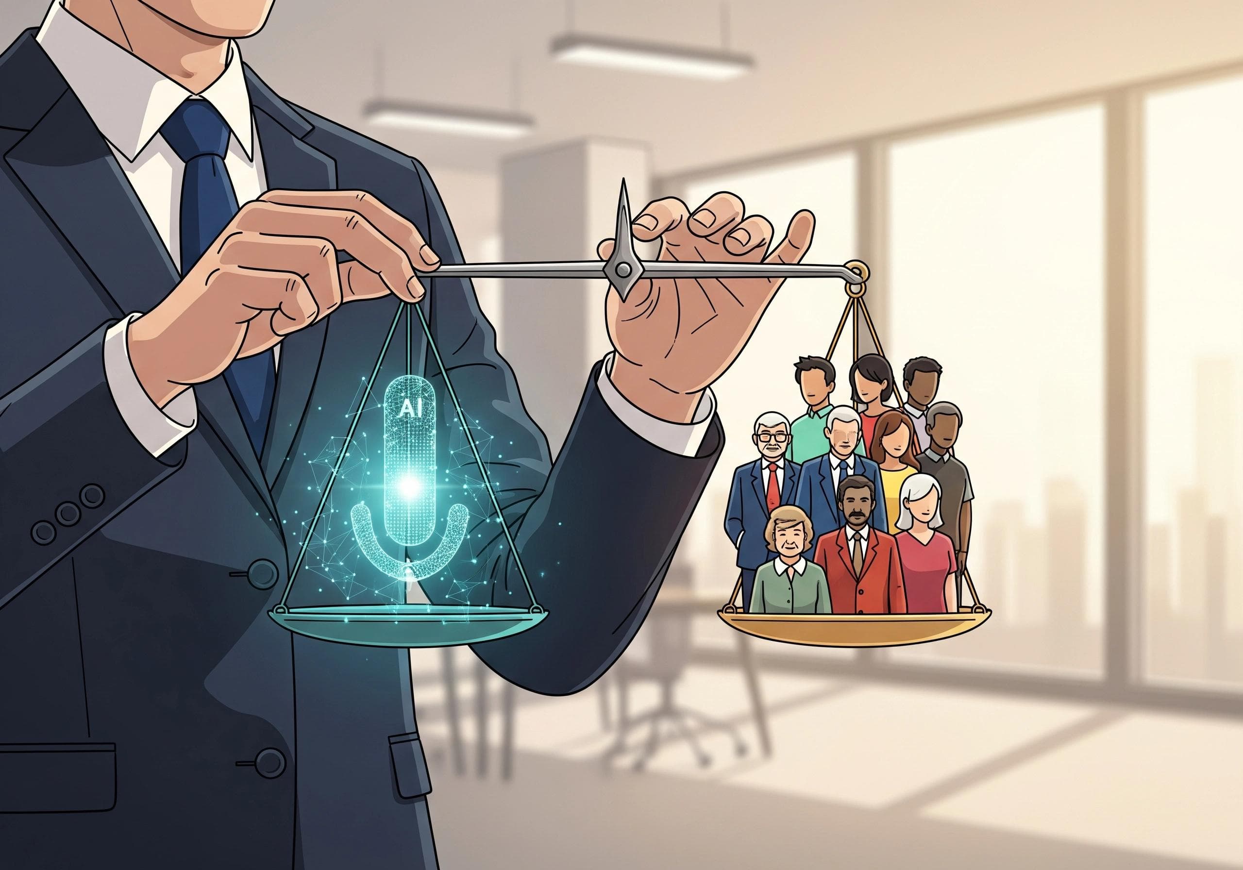 Scale balancing an AI voice agent microphone with diverse people, illustrating equality.