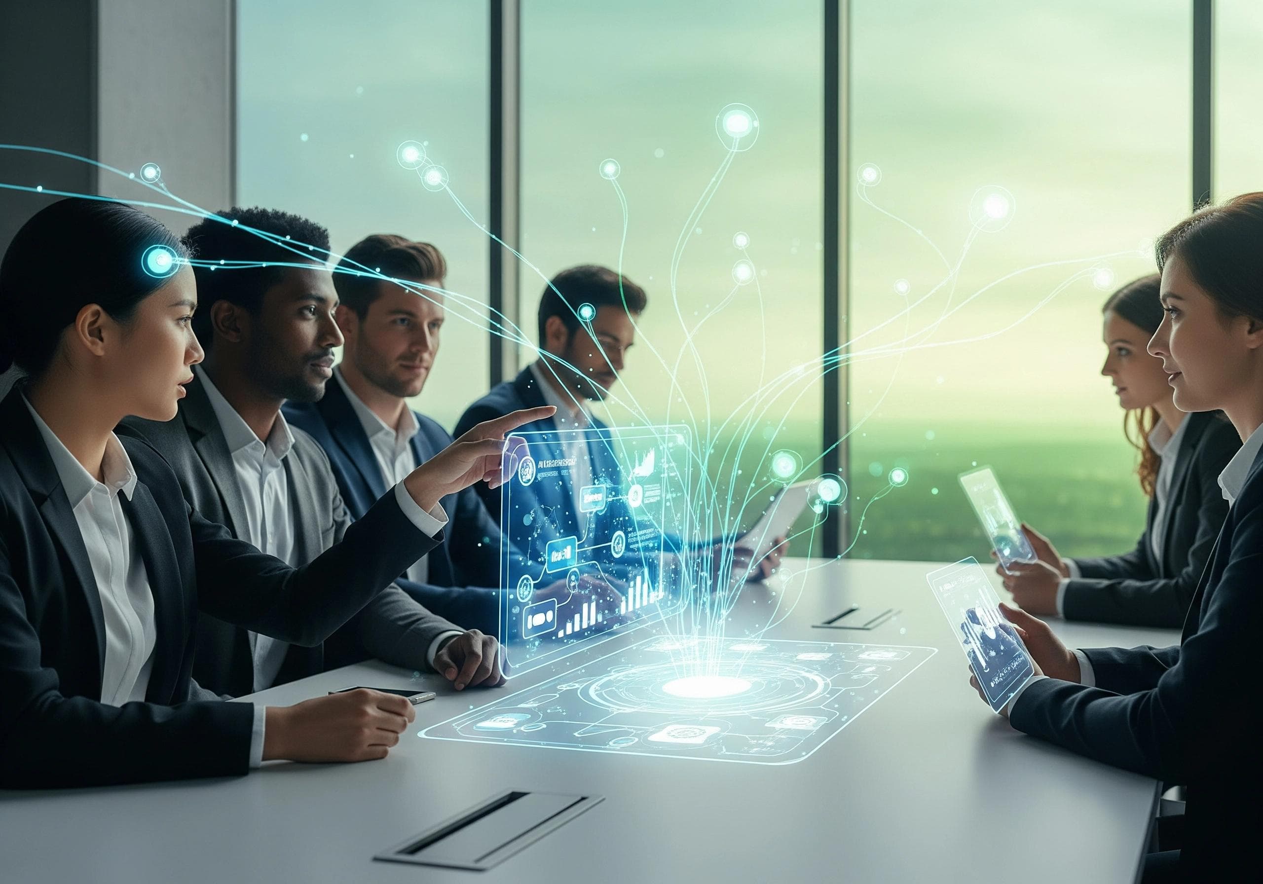 Business team analyzing AI data on interactive table for business operations insights.