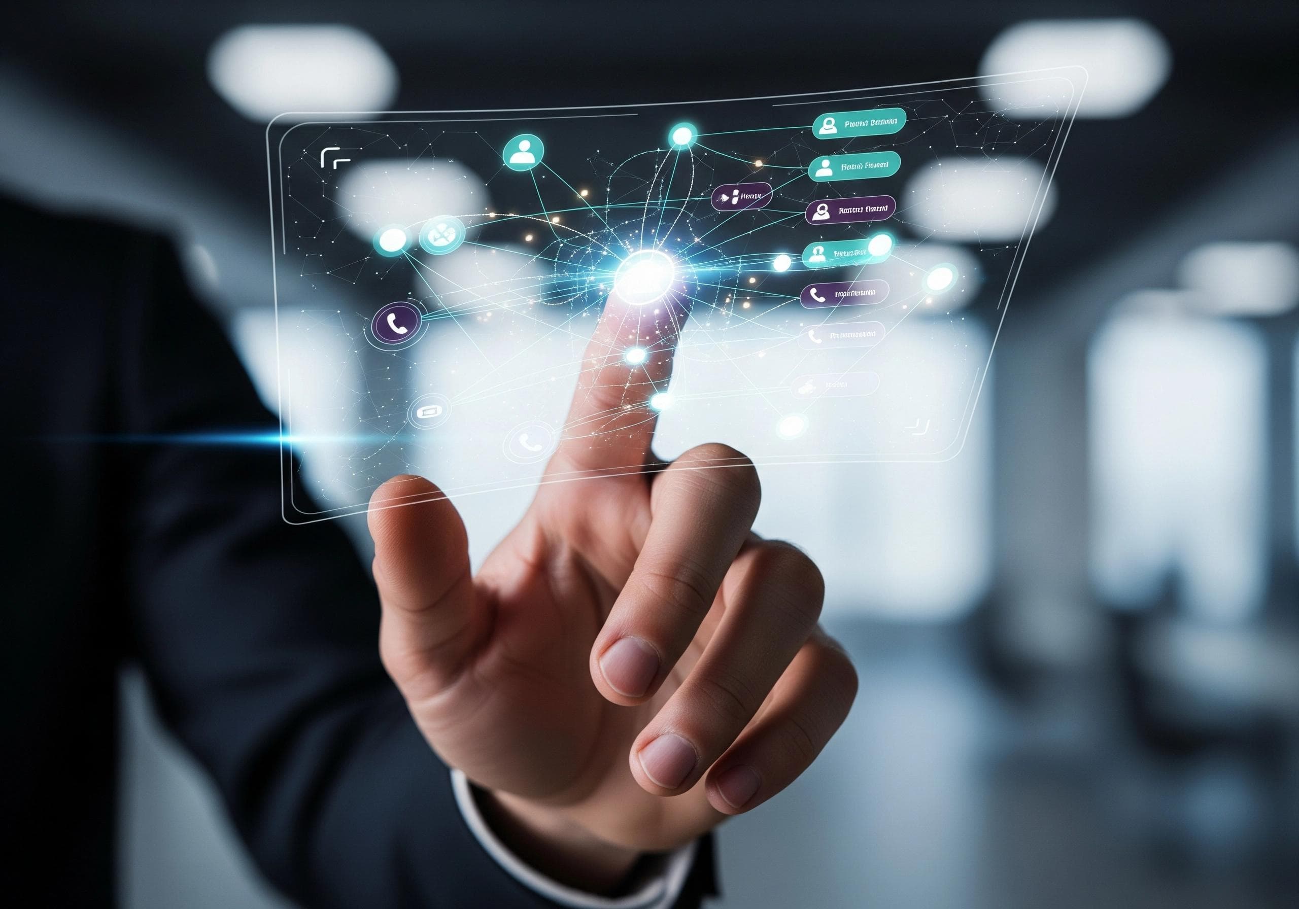 Finger touching a virtual screen, showcasing AI virtual receptionist features and automated call management.
