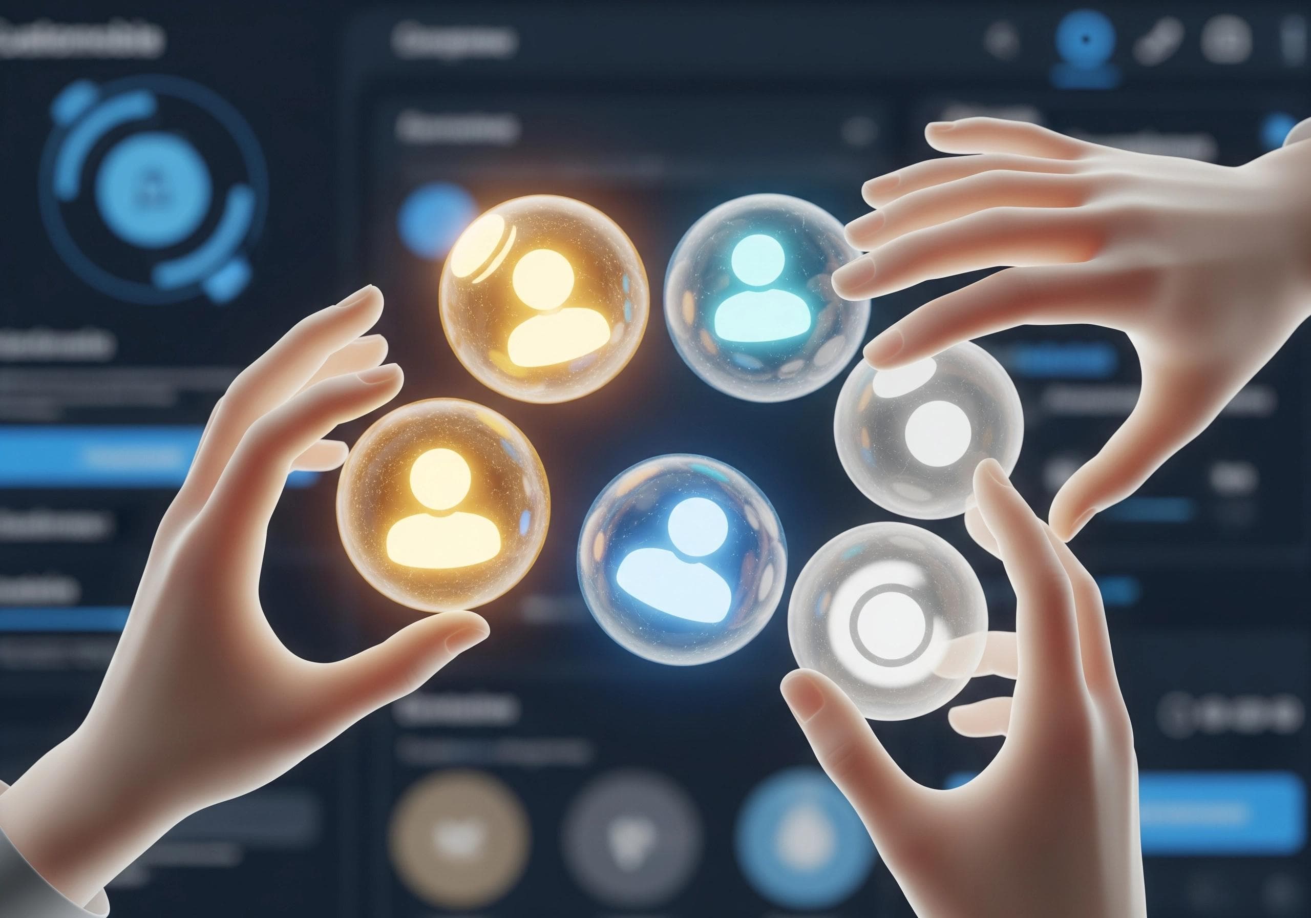 Hands interacting with digital avatars, symbolizing AI receptionist client support.