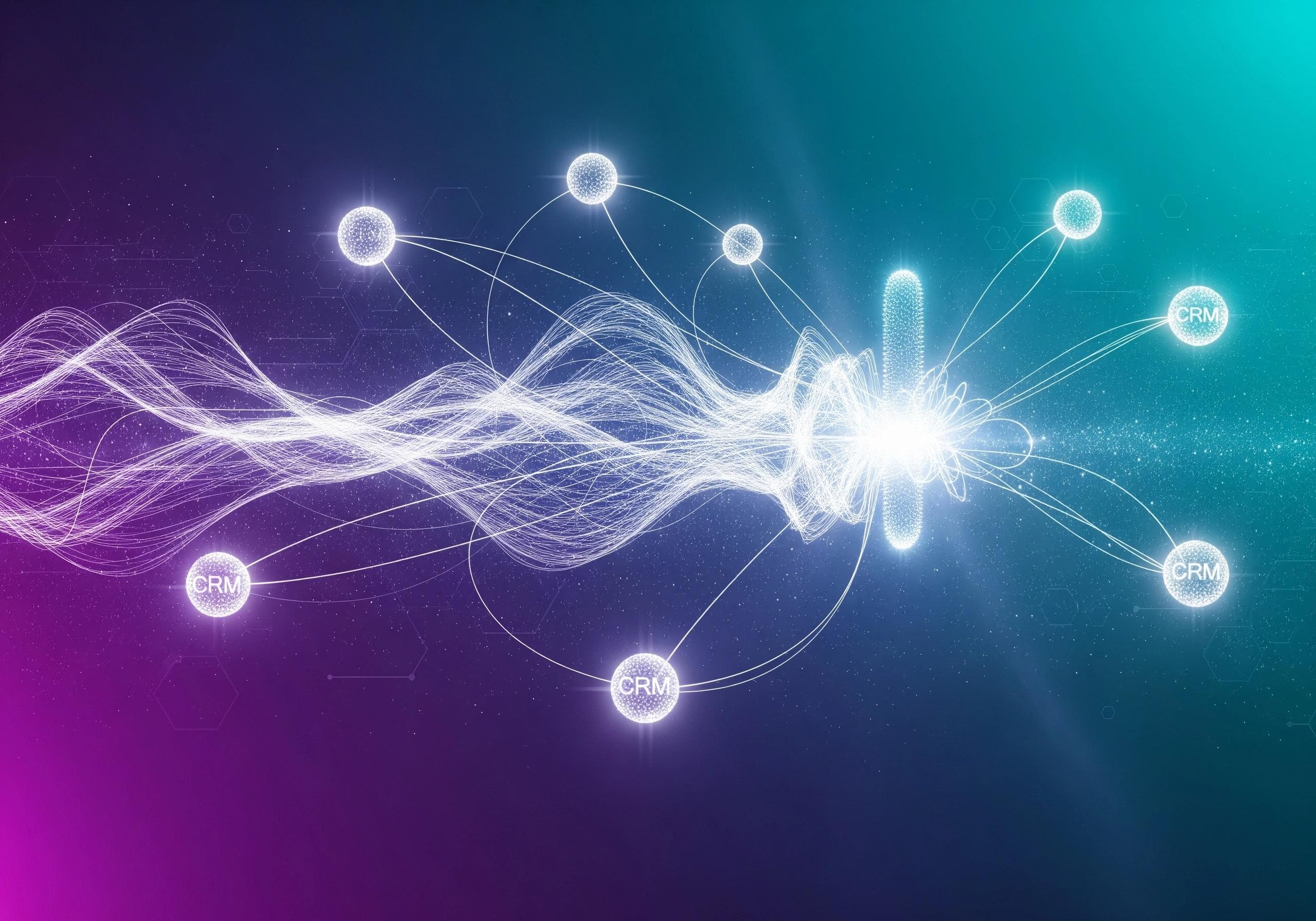 Abstract CRM network connecting to a central data hub with bright light.