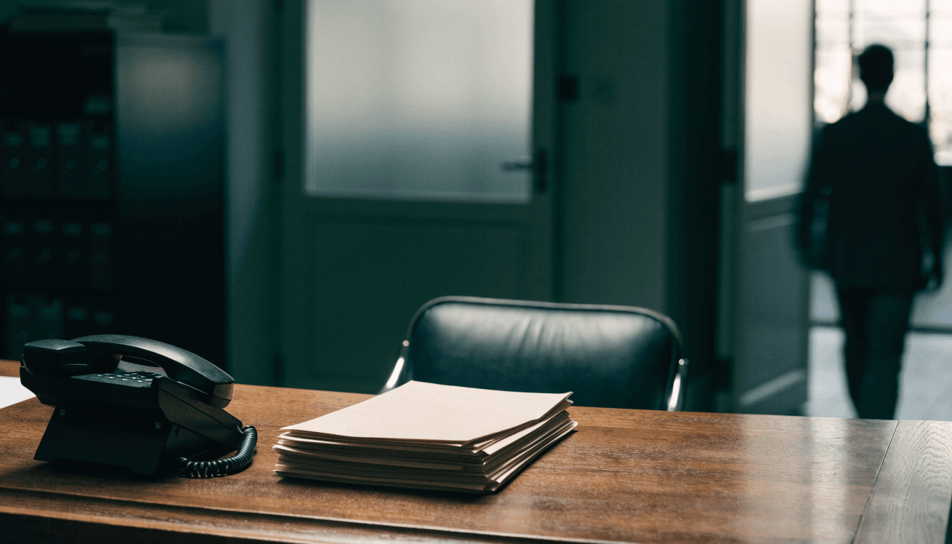 An empty law firm reception desk in late afternoon light with a ringing desk phone, a stack of case folders and a blurred figure walking out through a frosted glass door