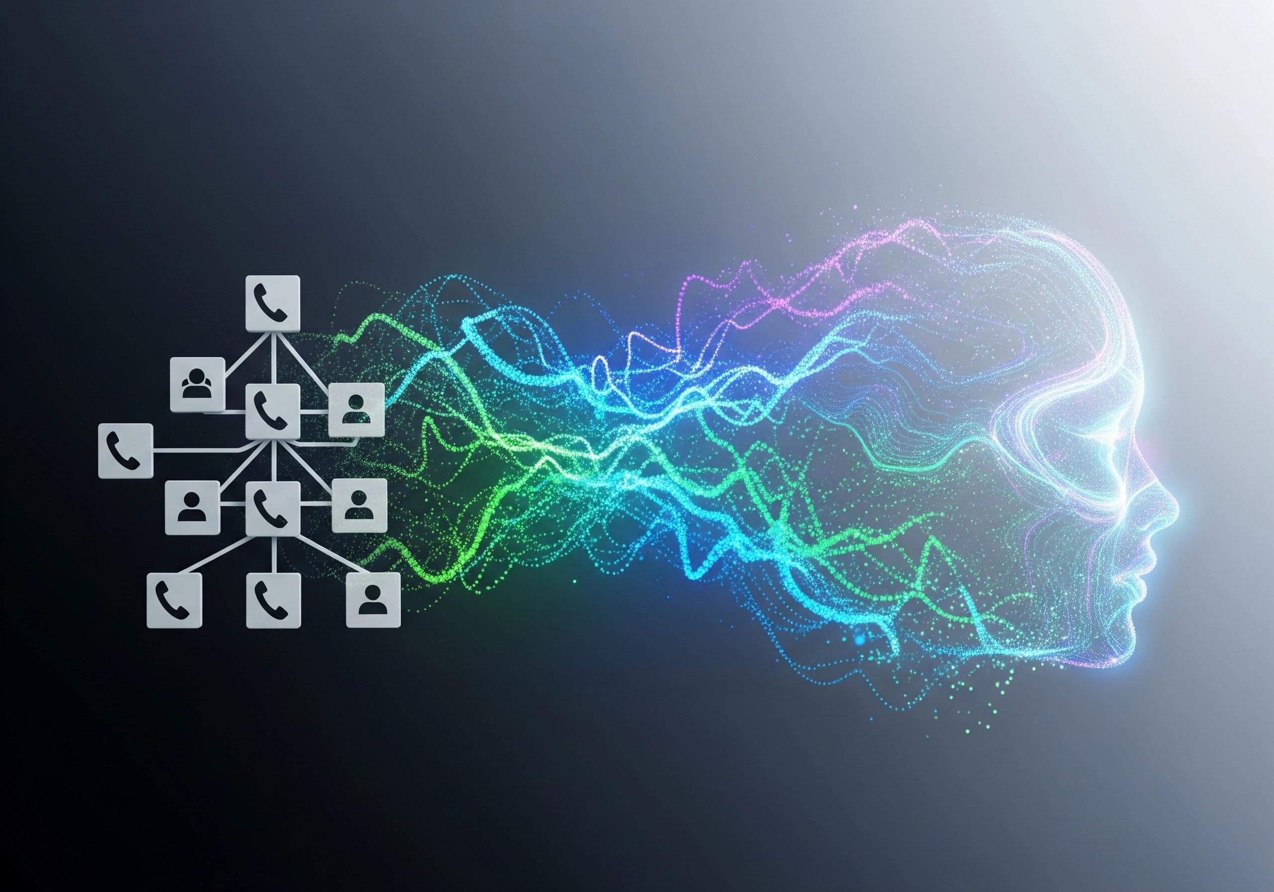 Network of phone icons connects to a human face profile, representing AI virtual receptionist.
