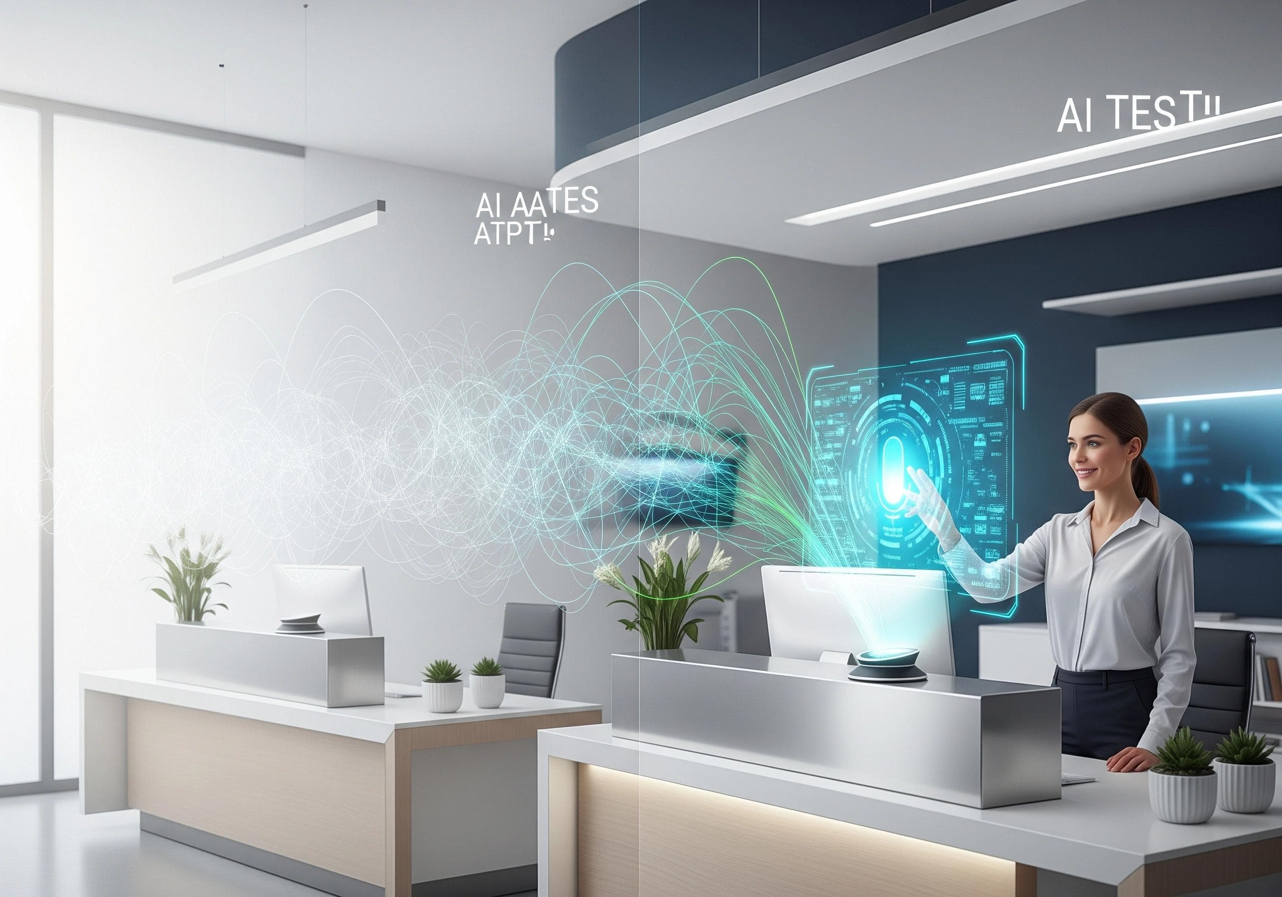 Woman interacts with AI receptionist interface in modern office setting.