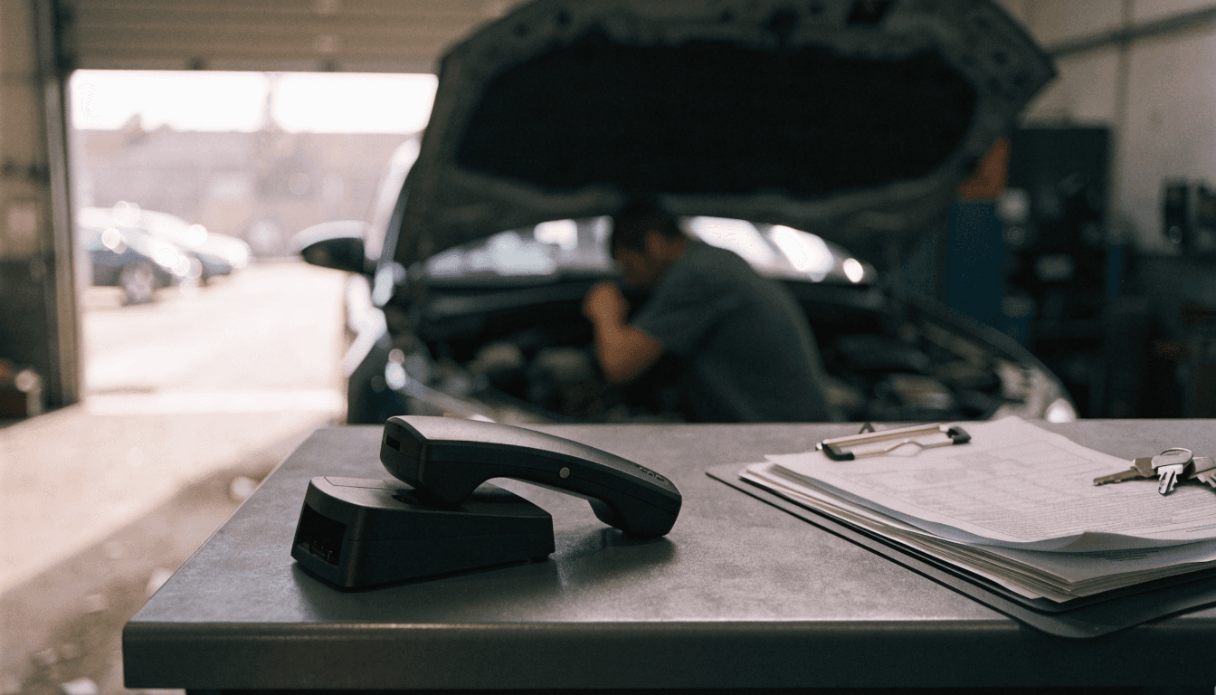 A cordless phone handset lying off its cradle on an auto repair shop counter next to a clipboard of paperwork and a set of car keys, with a mechanic bent over an open engine bay in the background