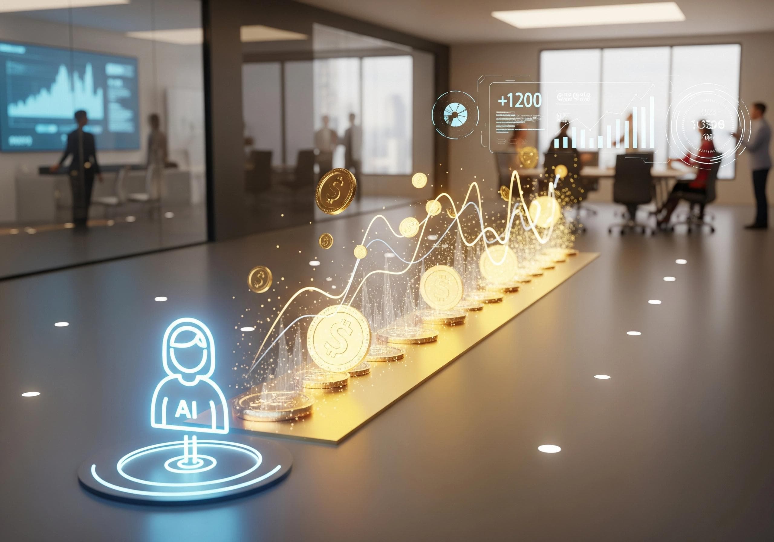 AI receptionist icon with rising coins in modern office space