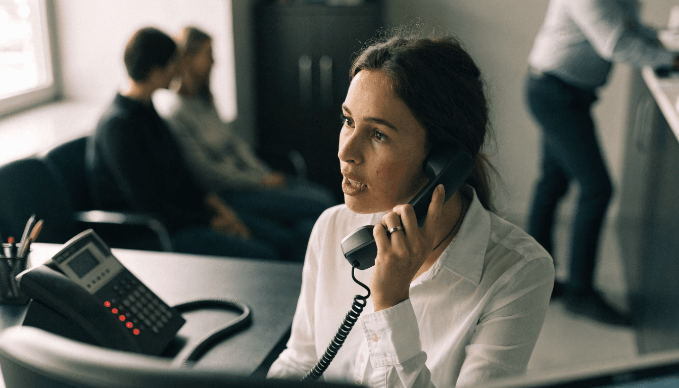 A receptionist at a dental clinic front desk holds a phone to her ear while a multi-line desk phone beside her shows several lines lit, with patients waiting behind her
