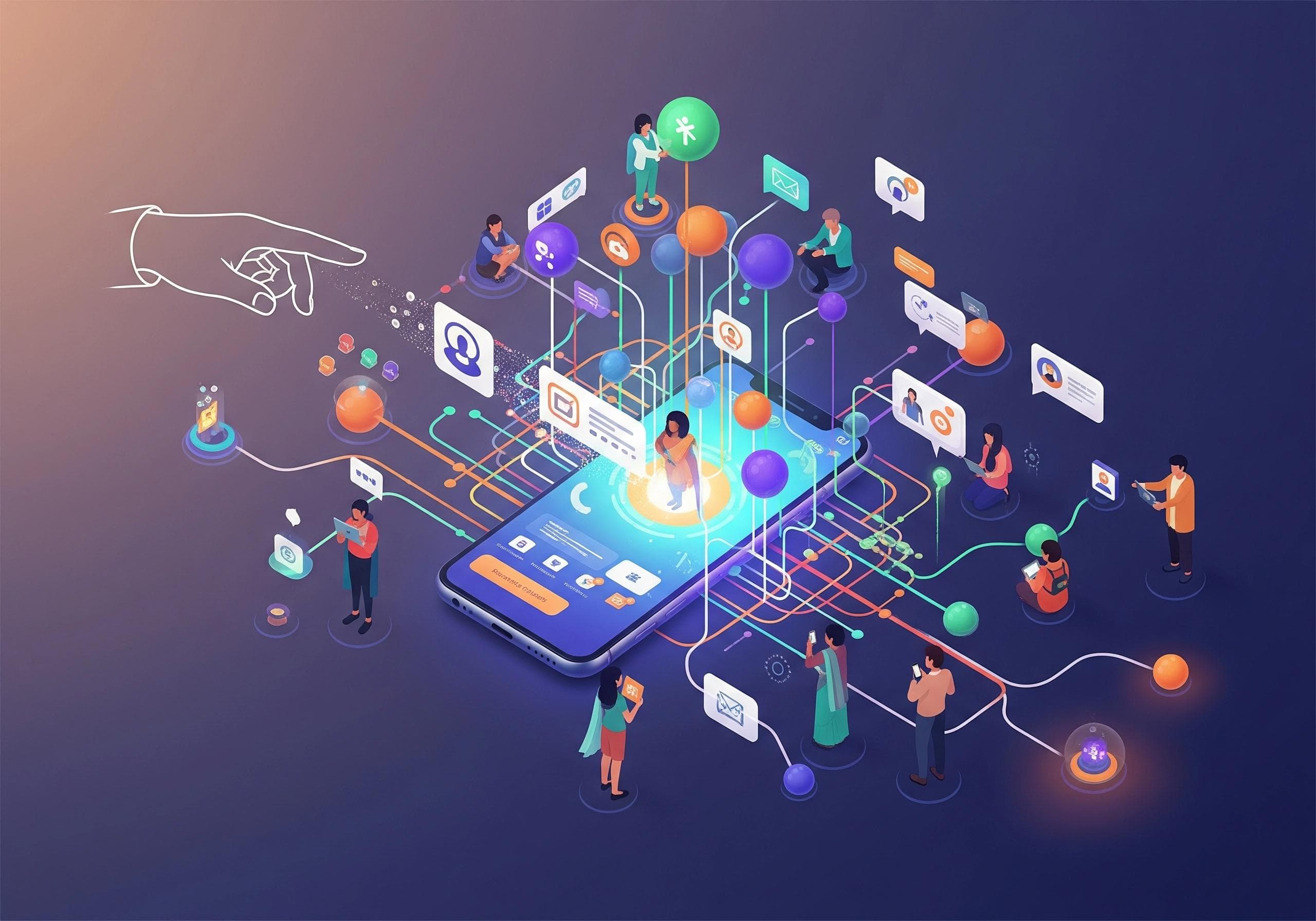Isometric view of phone automation, showing multiple users and app icons.