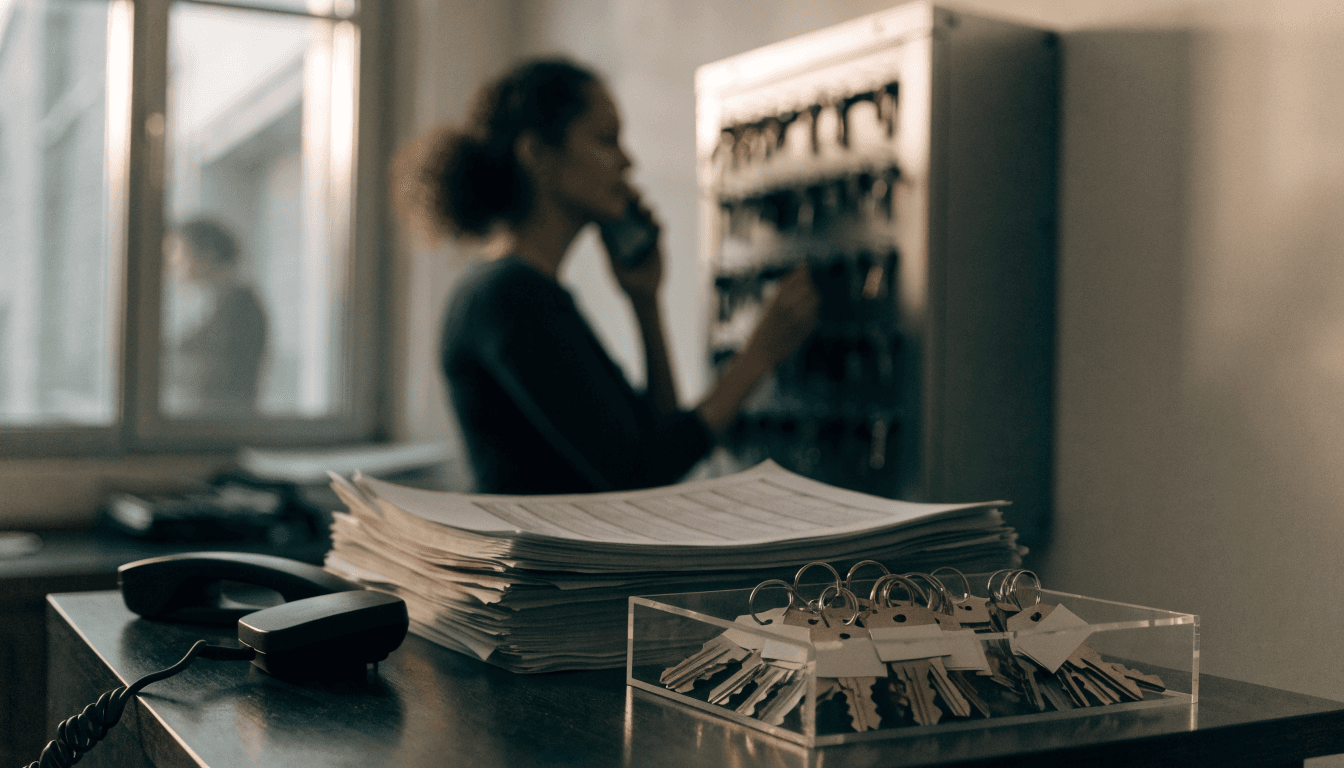 A desk phone with its handset lying off the cradle on a letting office reception desk beside a tray of labelled apartment keys and tenancy paperwork, with an agent on a mobile at a key cabinet in the background