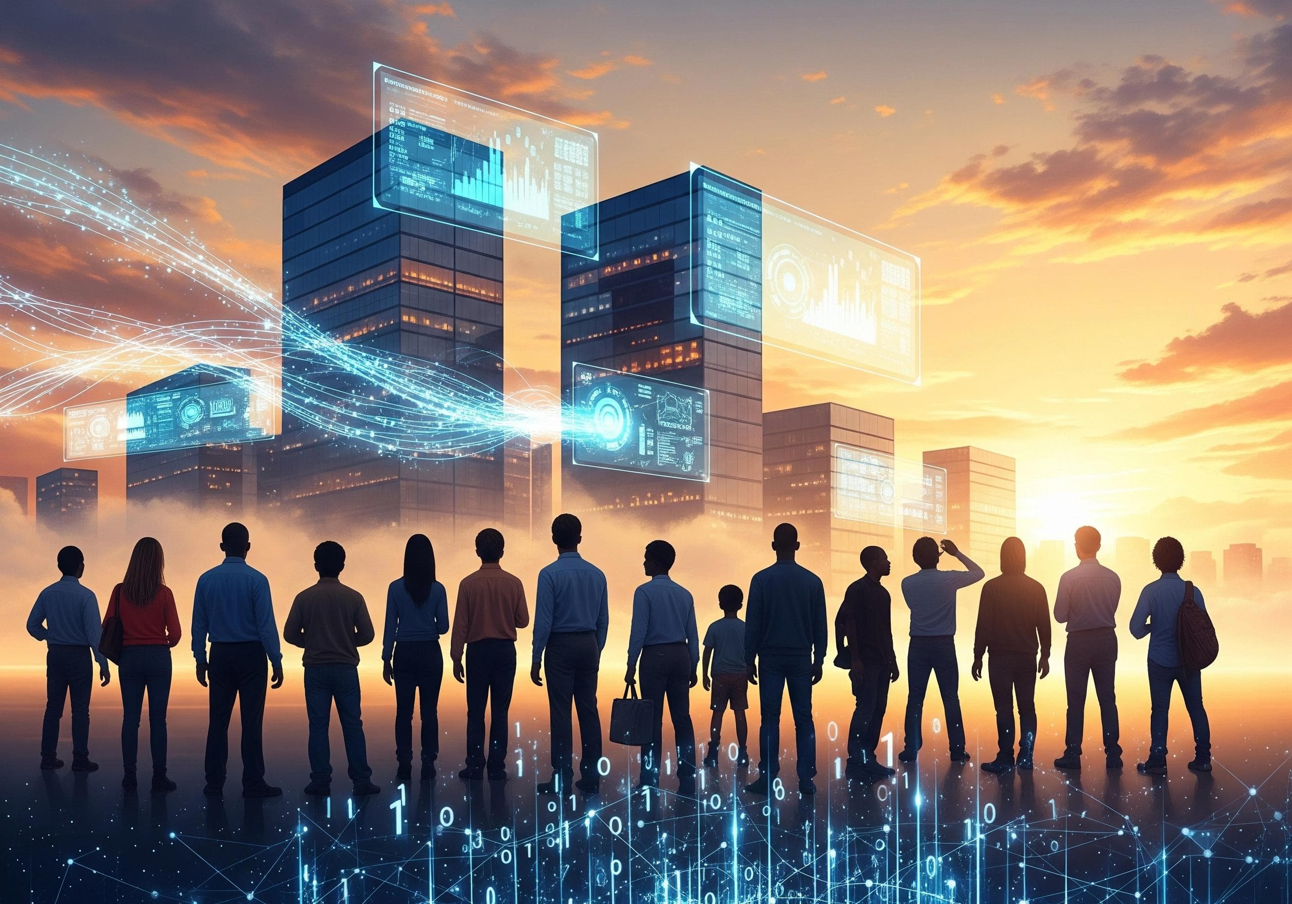 Silhouetted crowd looks toward city with digital overlays representing automation.