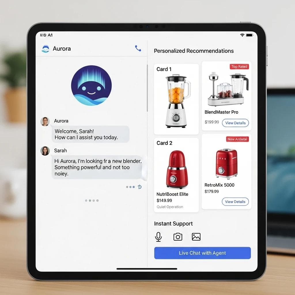 Tablet showing AI voice agent interface with personalized product recommendations and live chat.