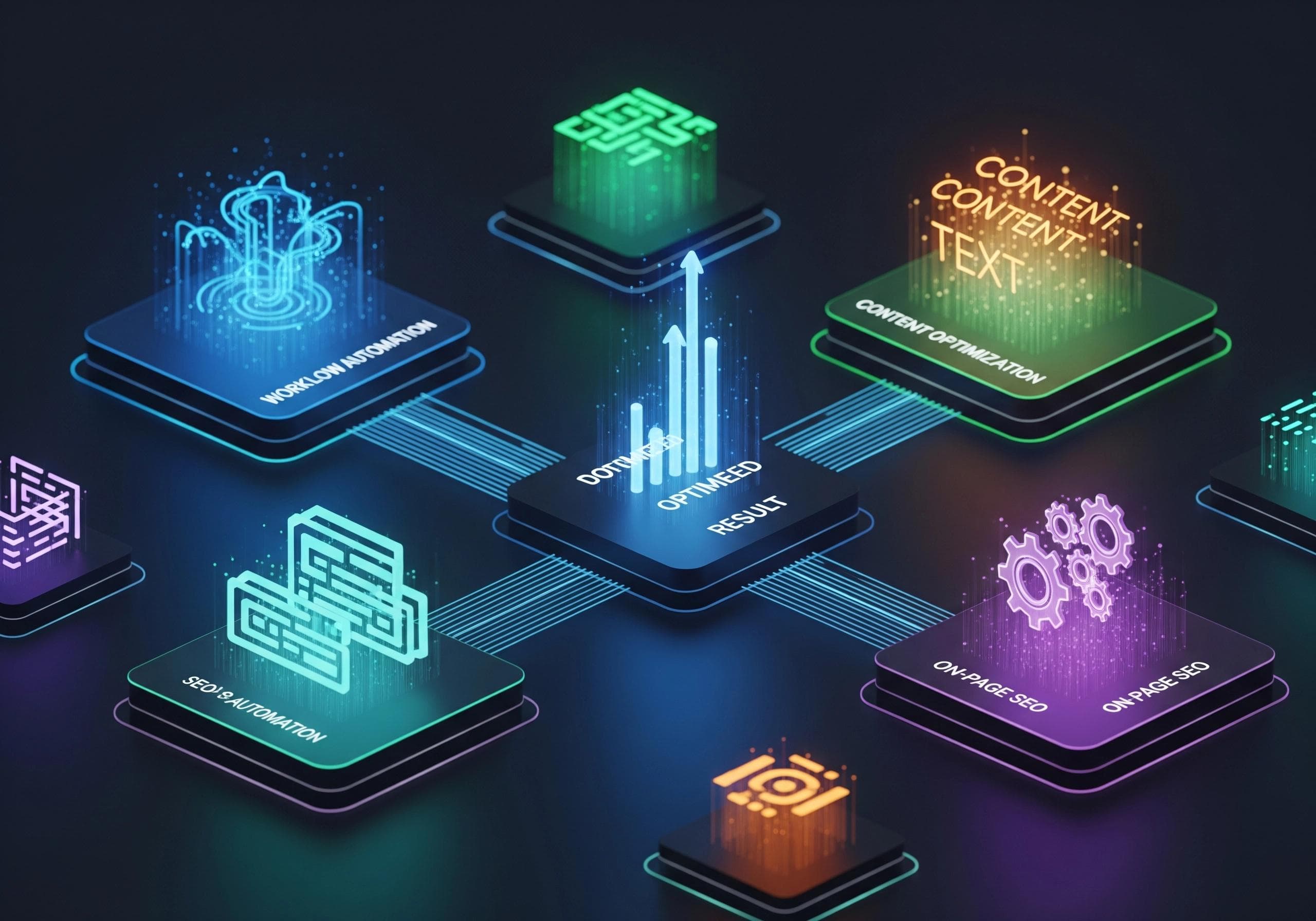 Digital diagram of workflow automation, SEO automation, and content optimization.