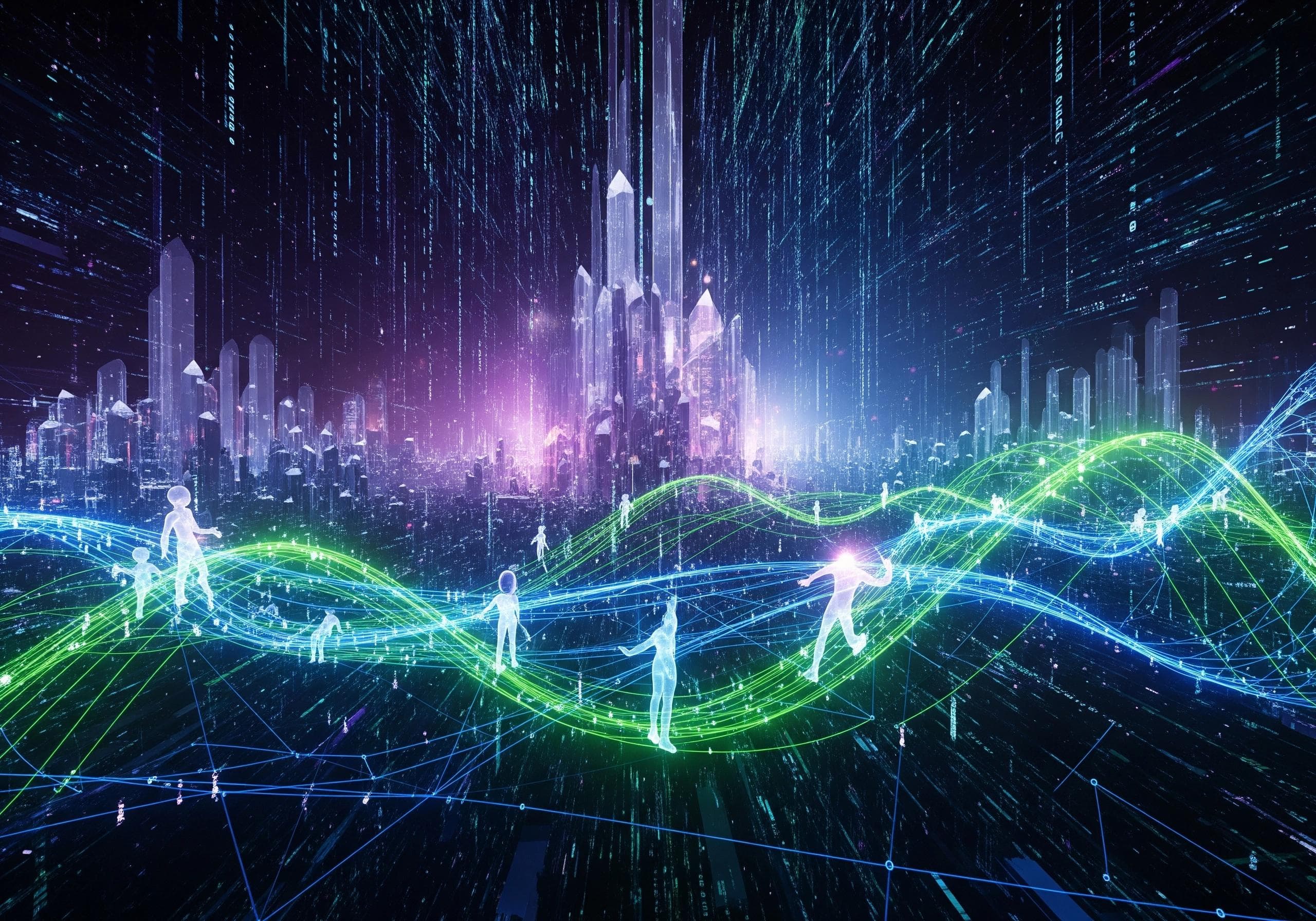 Futuristic city with digital AI voice agent avatars interacting.