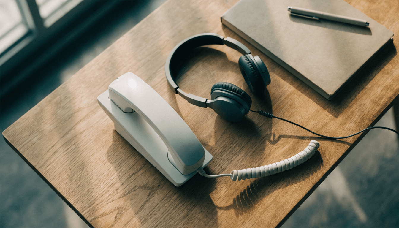 A tidy desk with an office telephone, headset and notebook arranged for setup