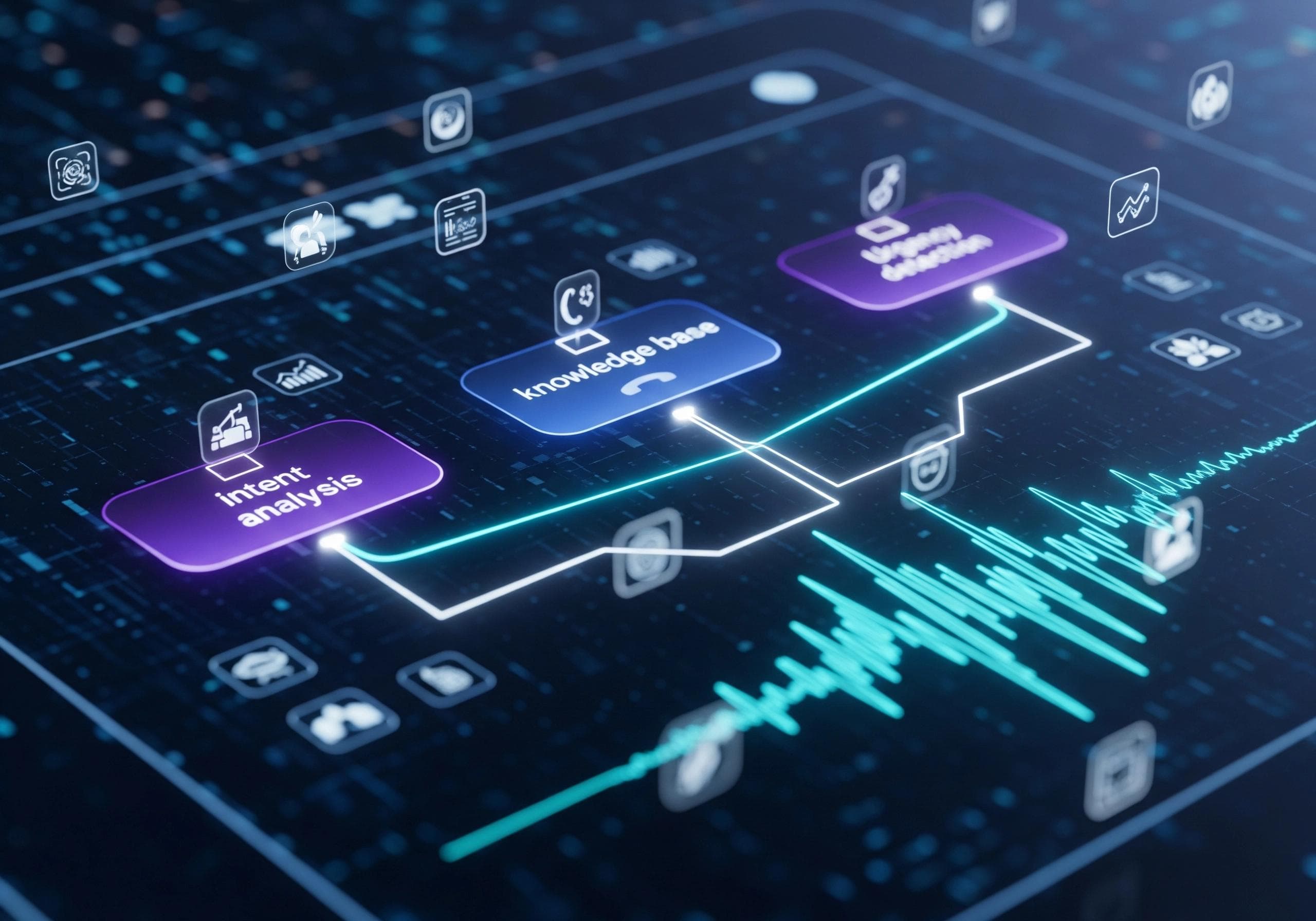 AI phone receptionist interface showing intent analysis, knowledge base, and urgency detection.