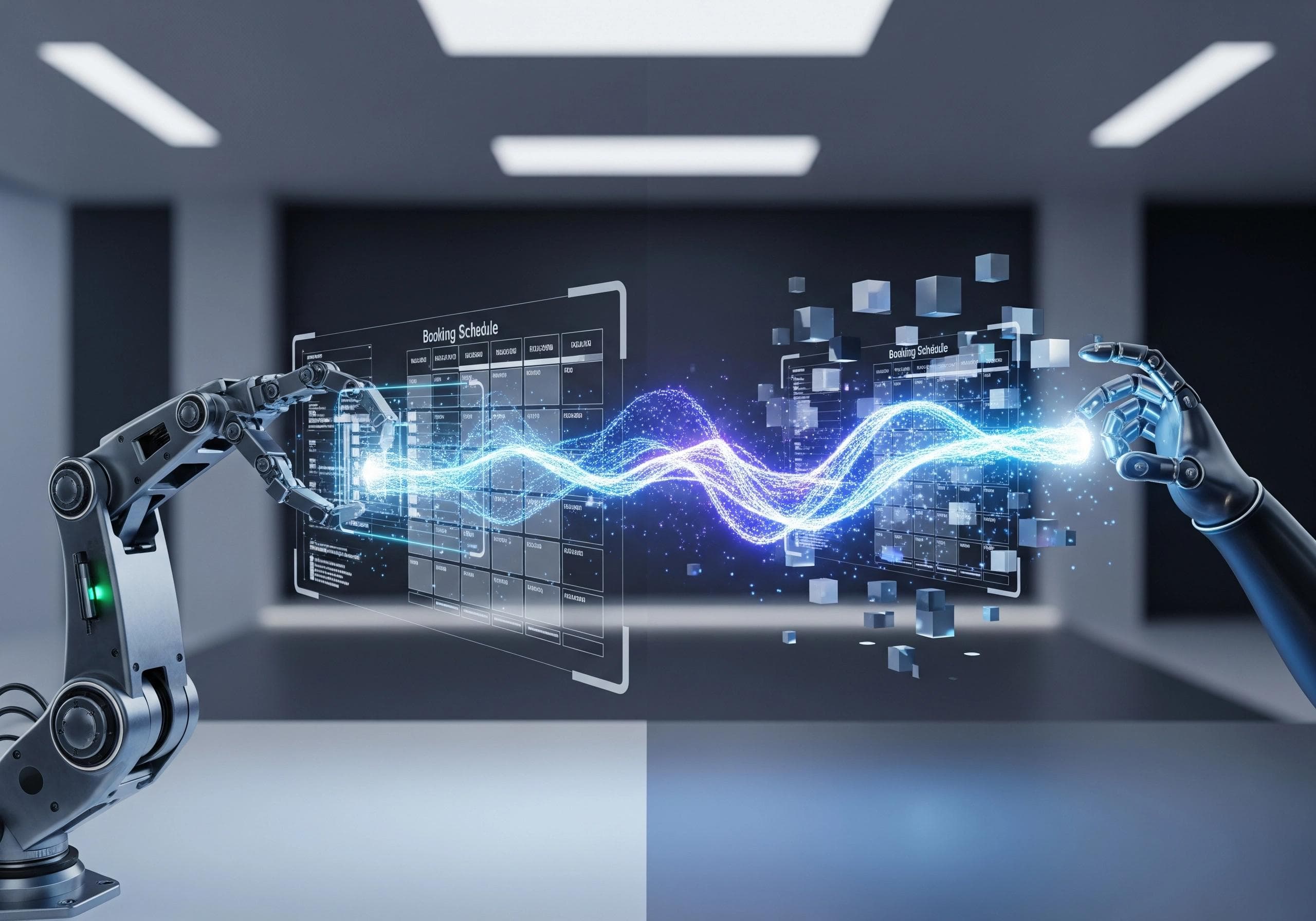 Robotic hands manipulating booking schedule holograms for AI agent tasks.