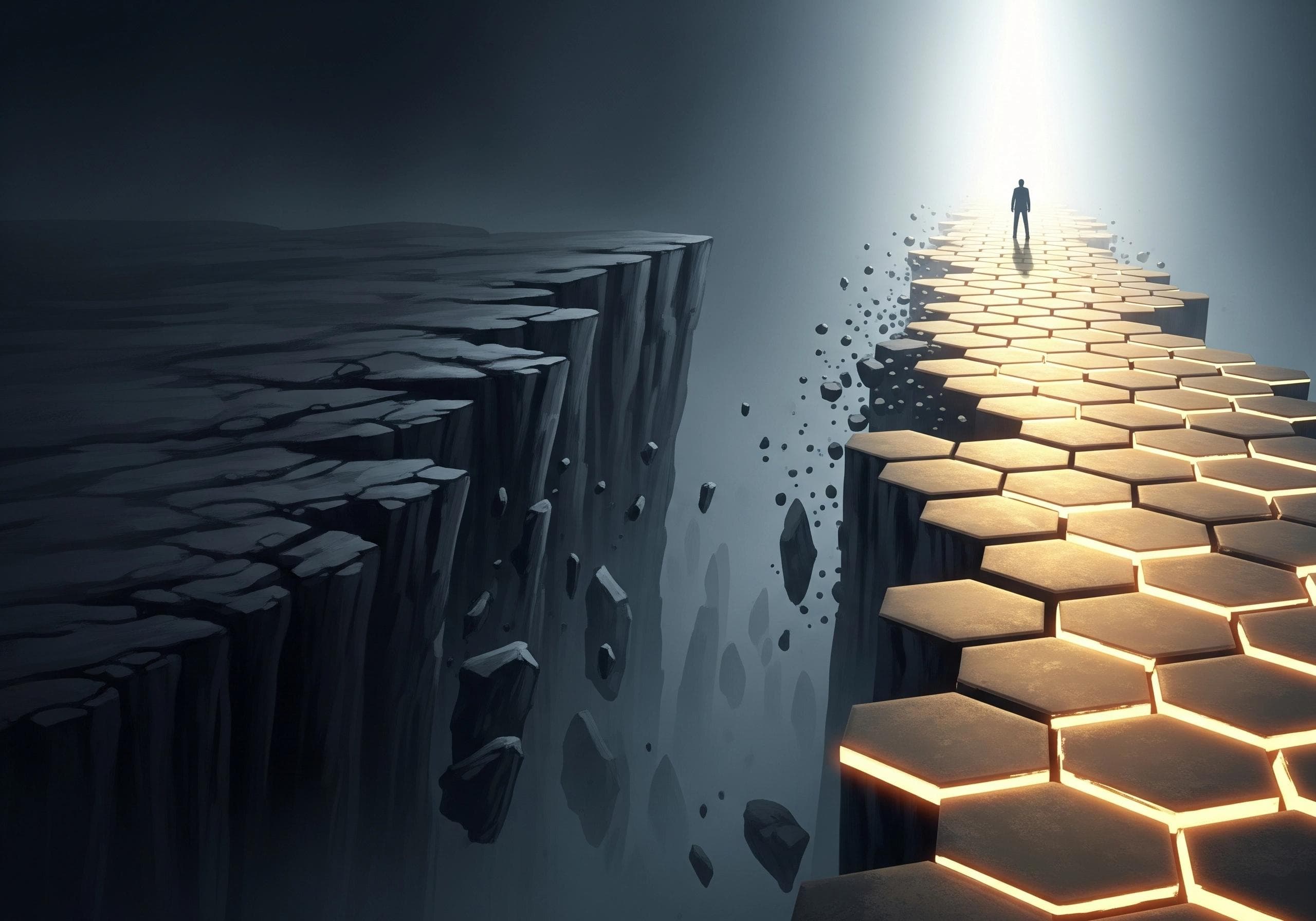 Silhouette of person standing on a hexagon path toward a light source.