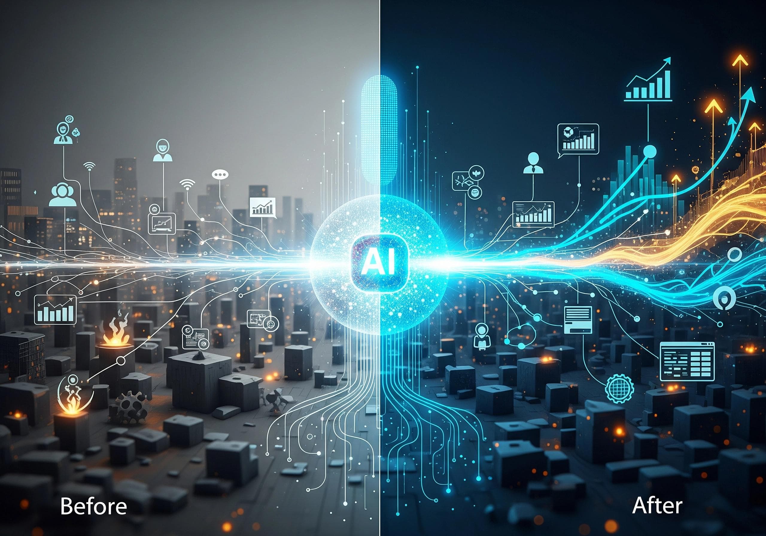 AI business transformation: Before and after integration with AI-powered solutions.
