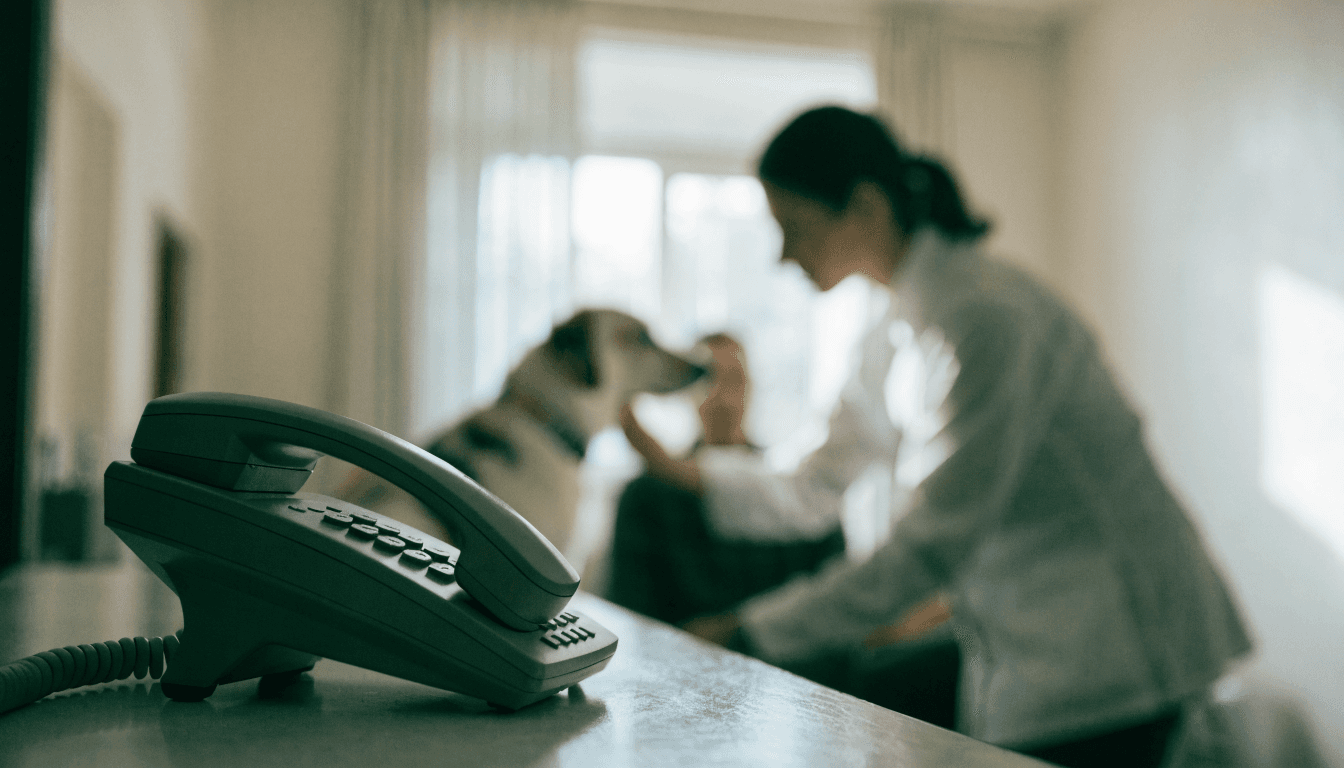 An unattended phone at a veterinary clinic reception desk while staff attend to a waiting dog