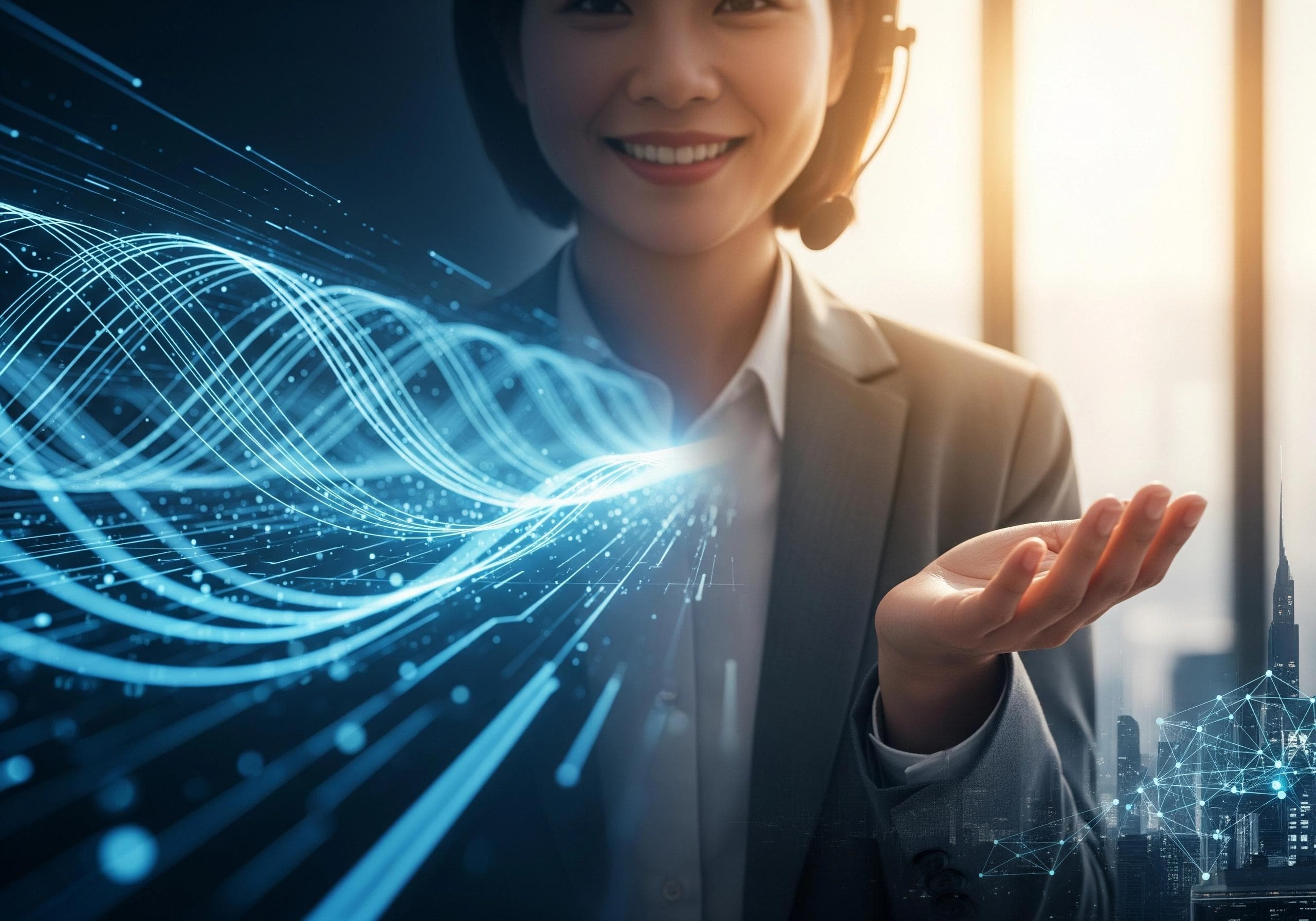Smiling Asian woman with headset, hand open, AI virtual receptionist concept.