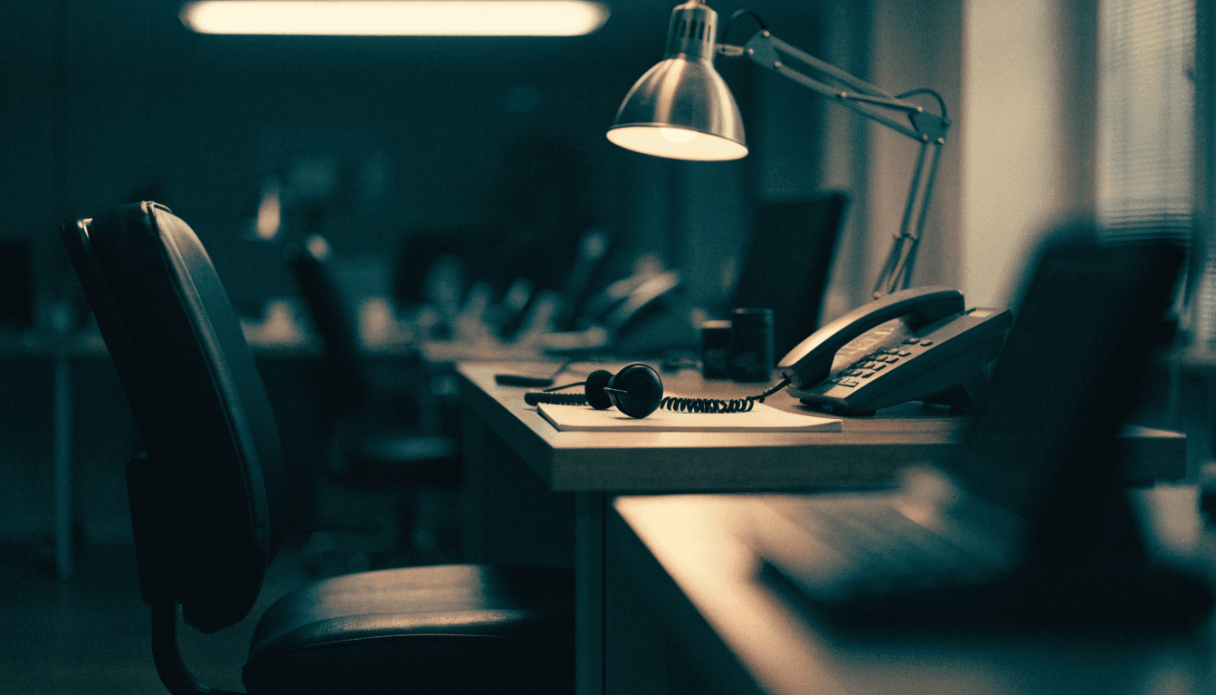 An empty chair at a dim call centre desk at night, a headset resting on a blank notepad beside a landline phone under a desk lamp
